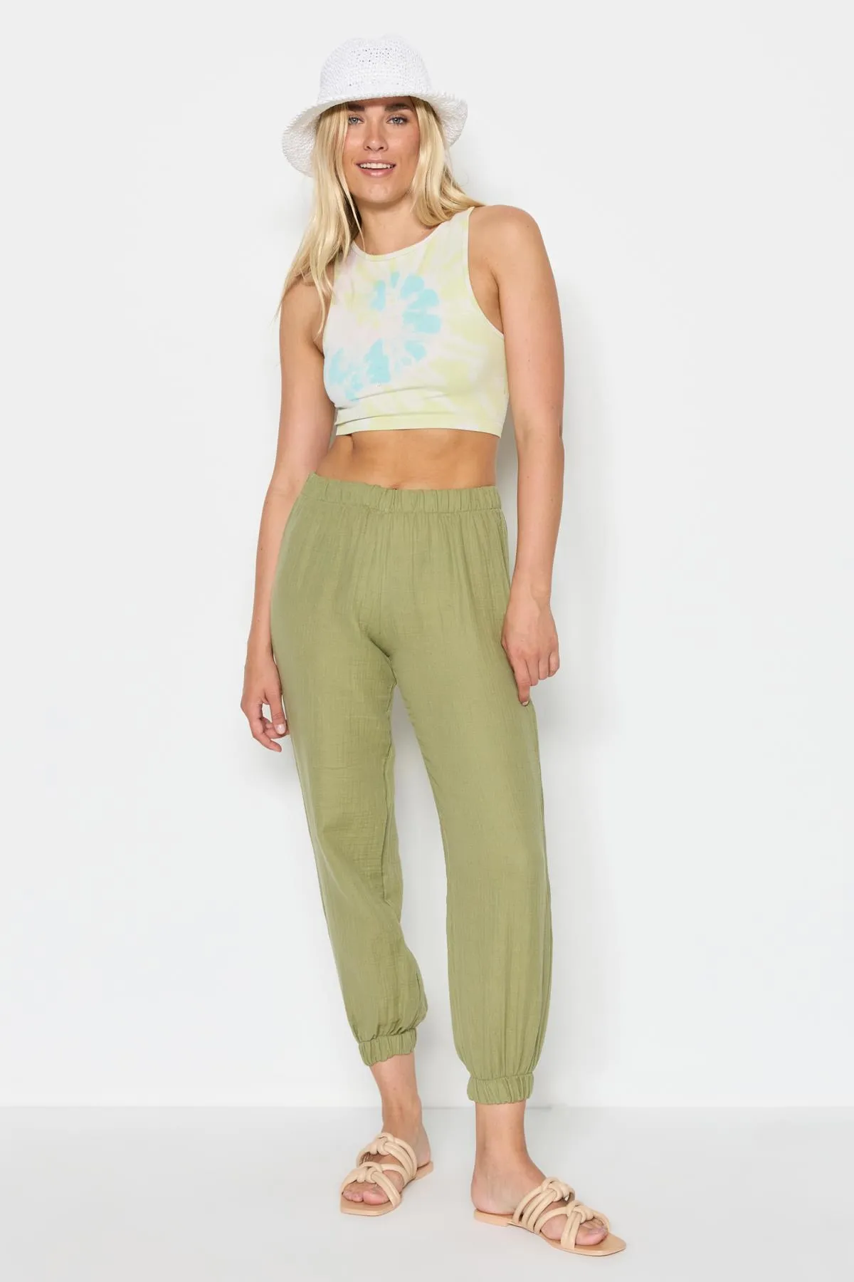 C&City  Damen-Jogginghose aus Bio-Baumwollmusselin mit elastischem Bein 743 Khaki