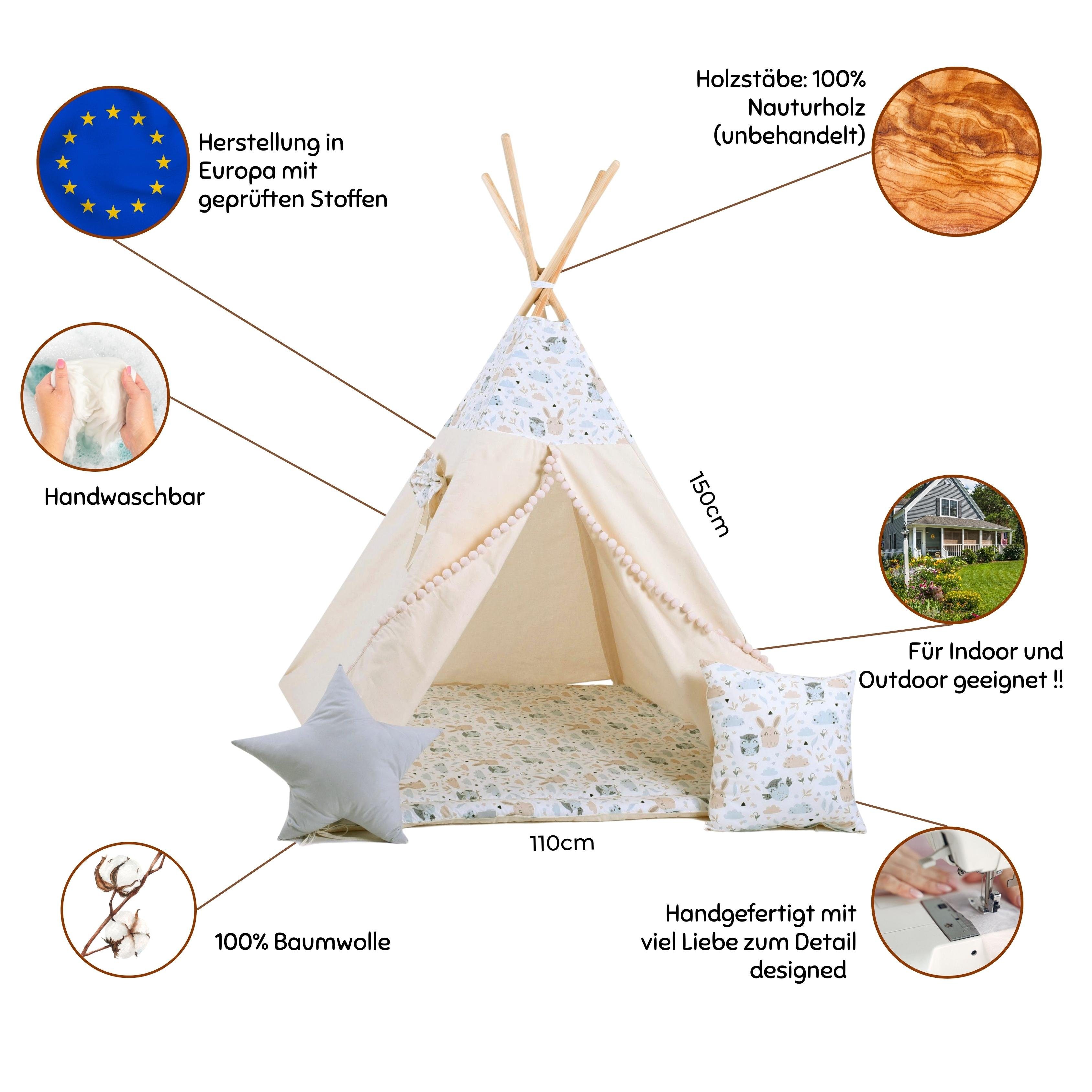 Rainbow Kids Tipi-Zelt Eulchen und Hasi, Personen: 2 (mit kleinem Zubehör, 4 tlg., mit 2 Kissen und Matte)