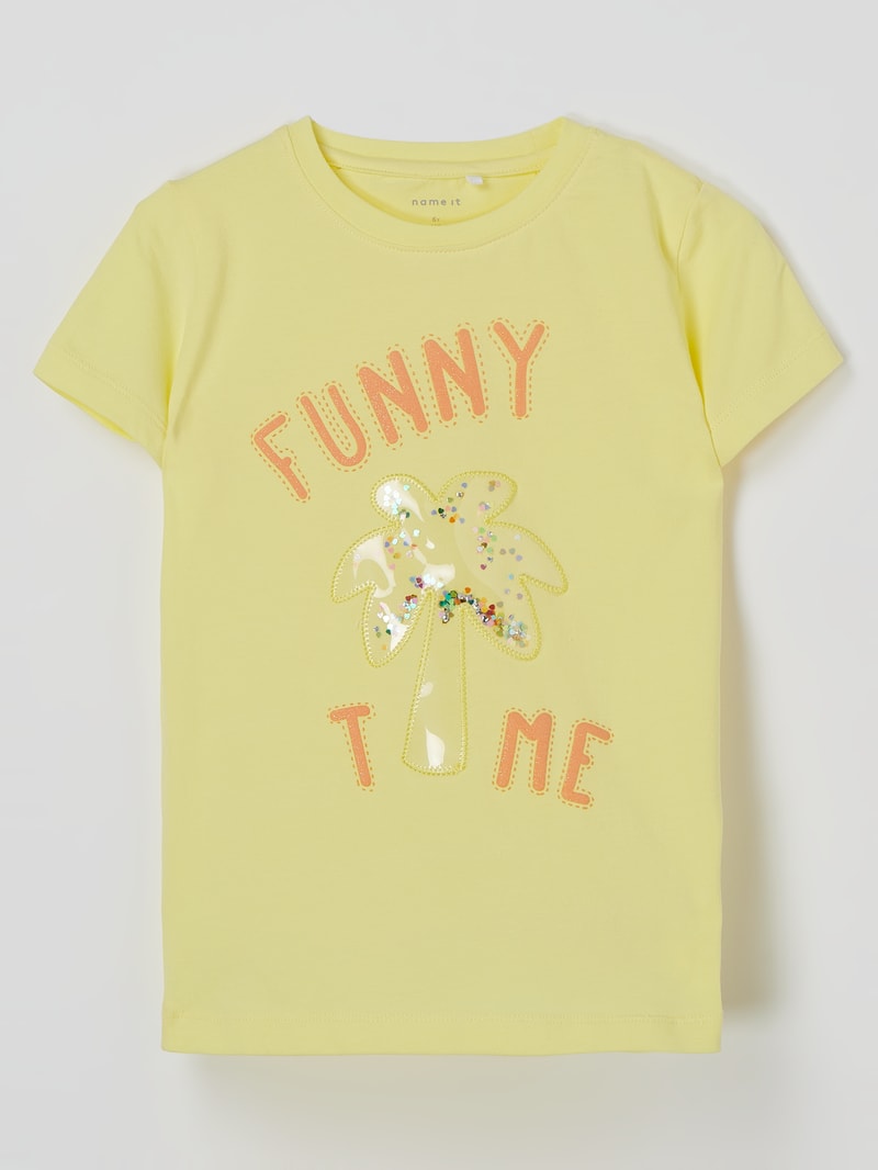 T-Shirt mit Applikation und Message Modell 'Fefa' in gelb