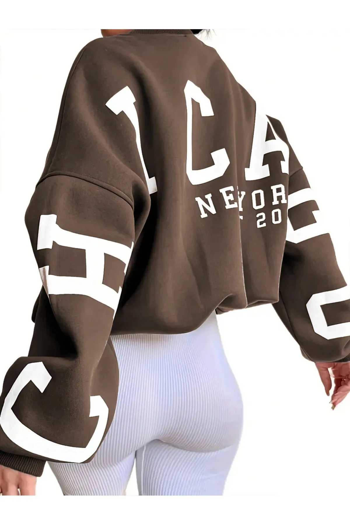 Know  Damen-Sweatshirt „Chicago“ mit braunen Ärmeln, bedruckt, Oversize-Rundhalsausschnitt