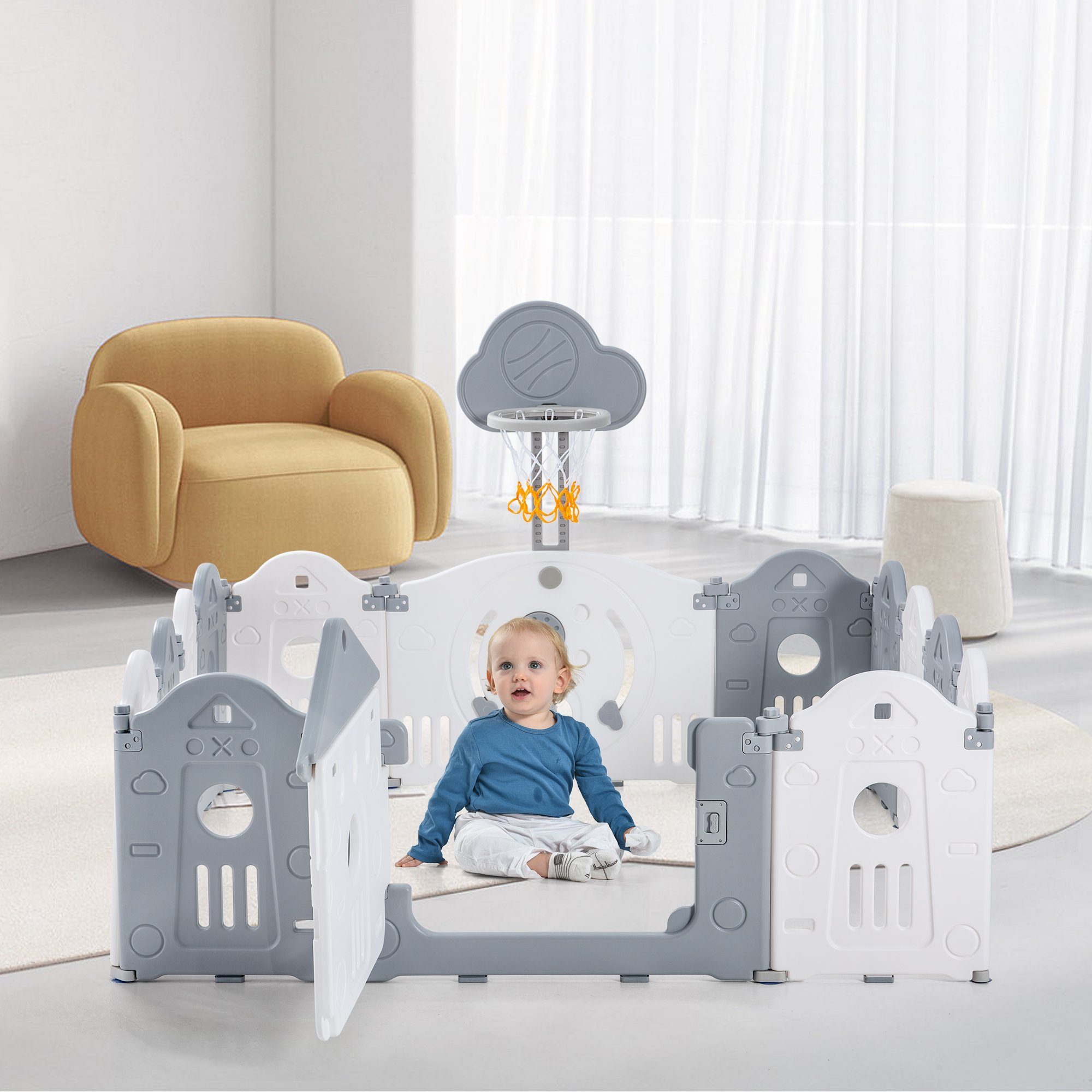 HAUSS SPLOE Laufstall Laufgitter Baby Laufstall Faltbar Spielzubehör Spielzeugboard (Basketballkorb Spielzubehör 160x160x77cm kann verschoben werden), Laufställe, Schutzgitter aus Kunststoff mit Tür Spielzeugboard