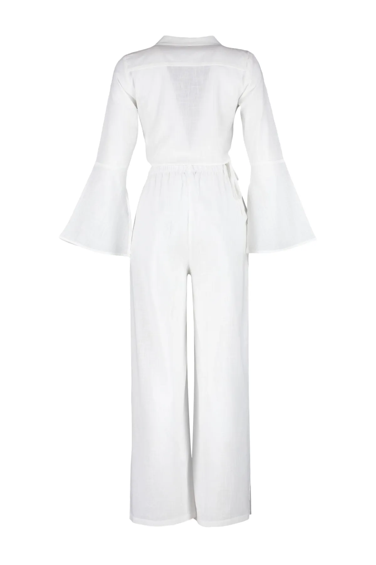 Trendyol Collection  Ecrufarbenes, gewebtes, geschlitztes Blusen- und Hosen-Set aus 100 % Baumwolle TBESS23AU00085