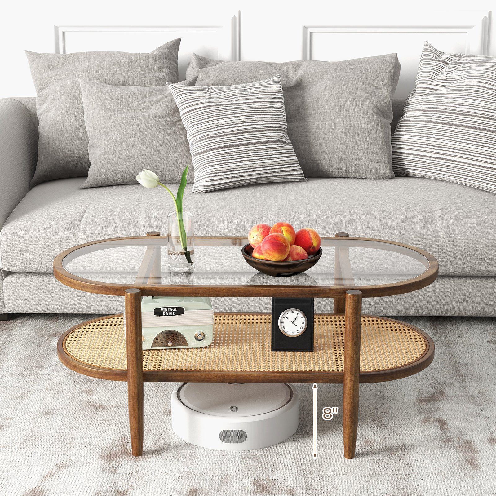 COSTWAY Couchtisch, mit Stauraum, aus Glas, Rattan & Massivholz, 102x56x47cm