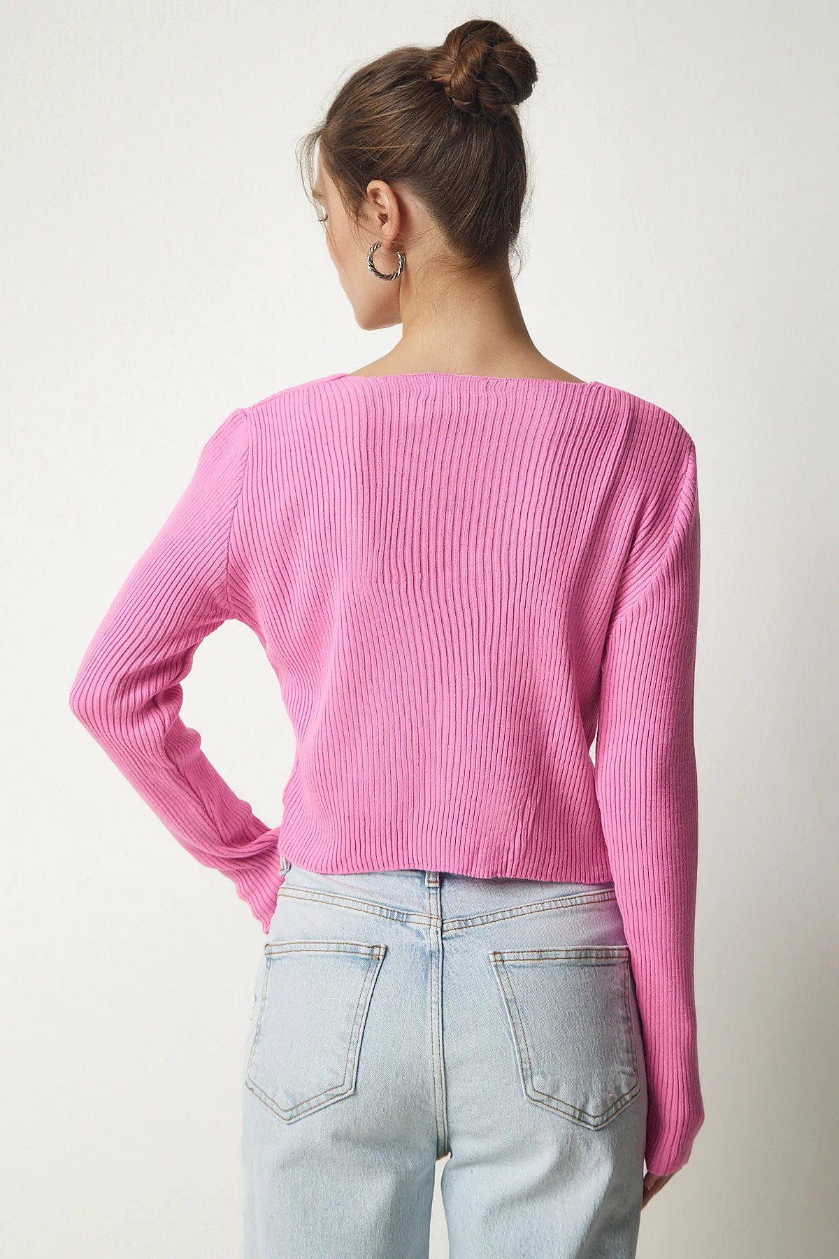 Happiness İstanbul  Rosa Crop-Cardigan-Set aus Strick für Damen MT00143