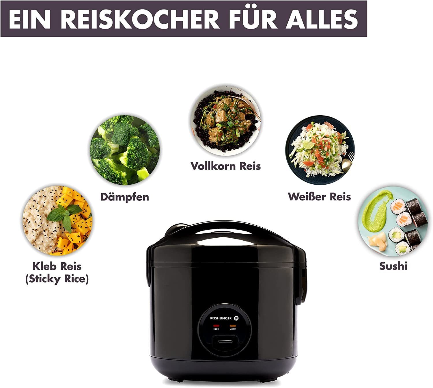 Reishunger Reiskocher - Reiskocher, 500 W, Mit Dampfgarfunktion & Warmhaltefunktion