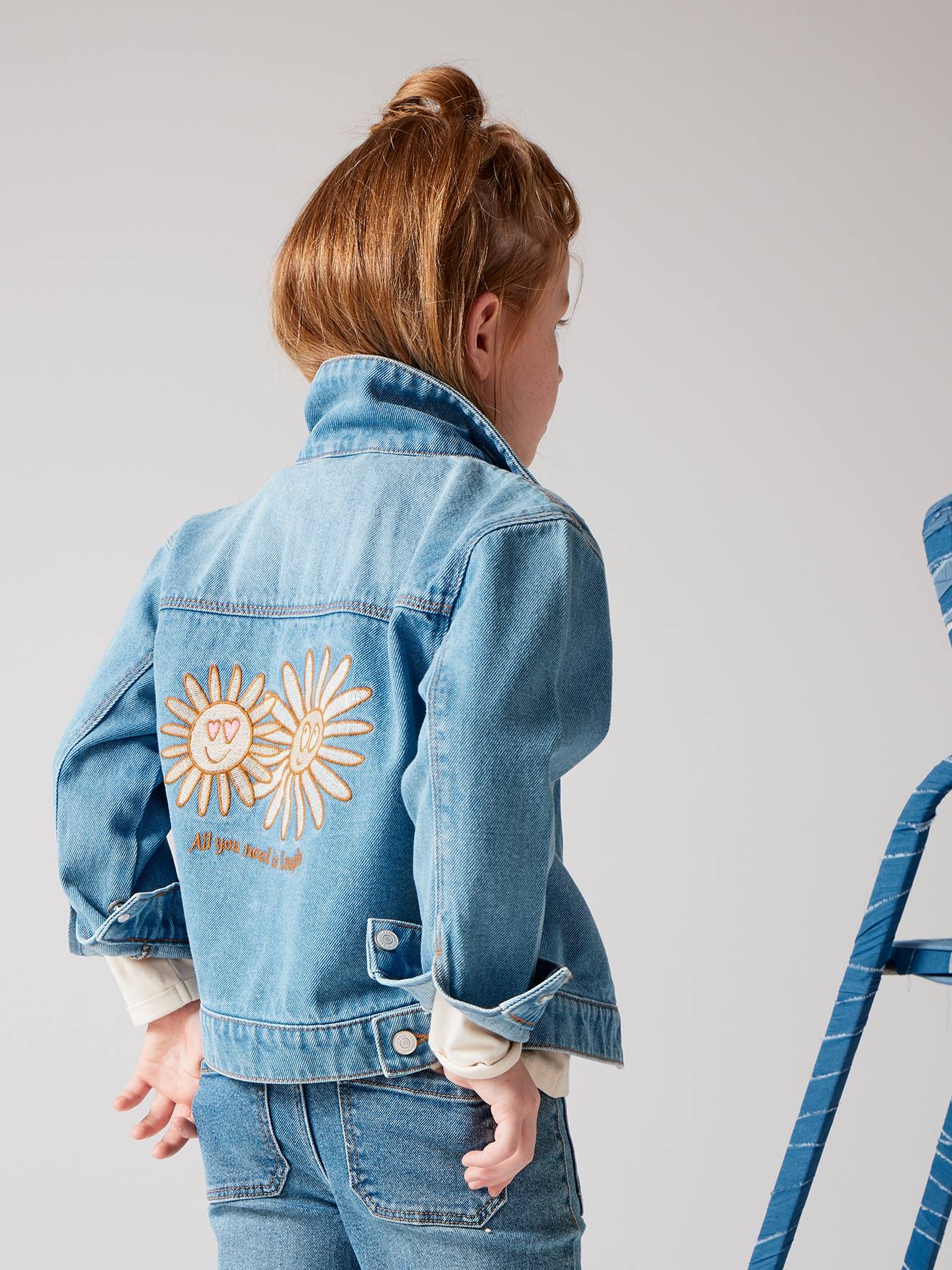 Veste en jean animation fleurs pop au dos fille stone