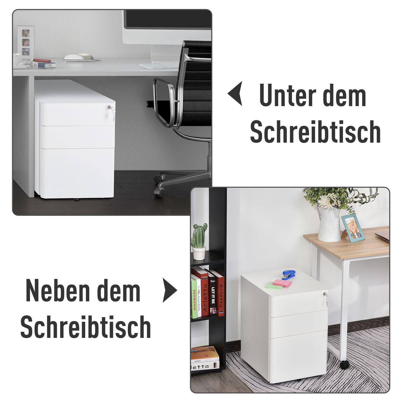 Vinsetto Rollcontainer, mobiler Aktenschrank mit 3 Schubladen, Büroschrank, Aufbewahrung, Stahl, Weiß, 39 x 48 x 59 cm