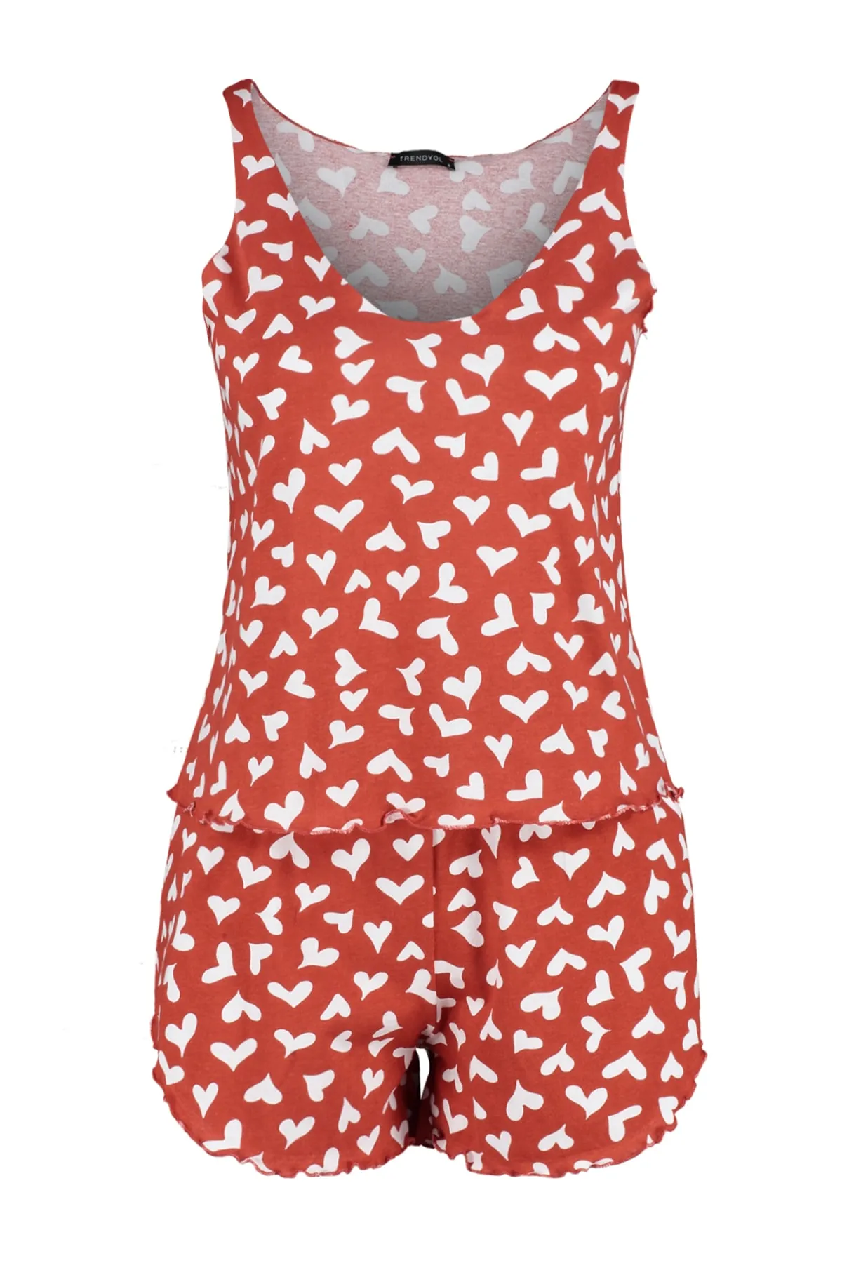 Trendyol Collection  Rotes Pyjama-Set aus 100 % Baumwolle mit Herzmuster und Sportler-Shorts THMSS23PT00199