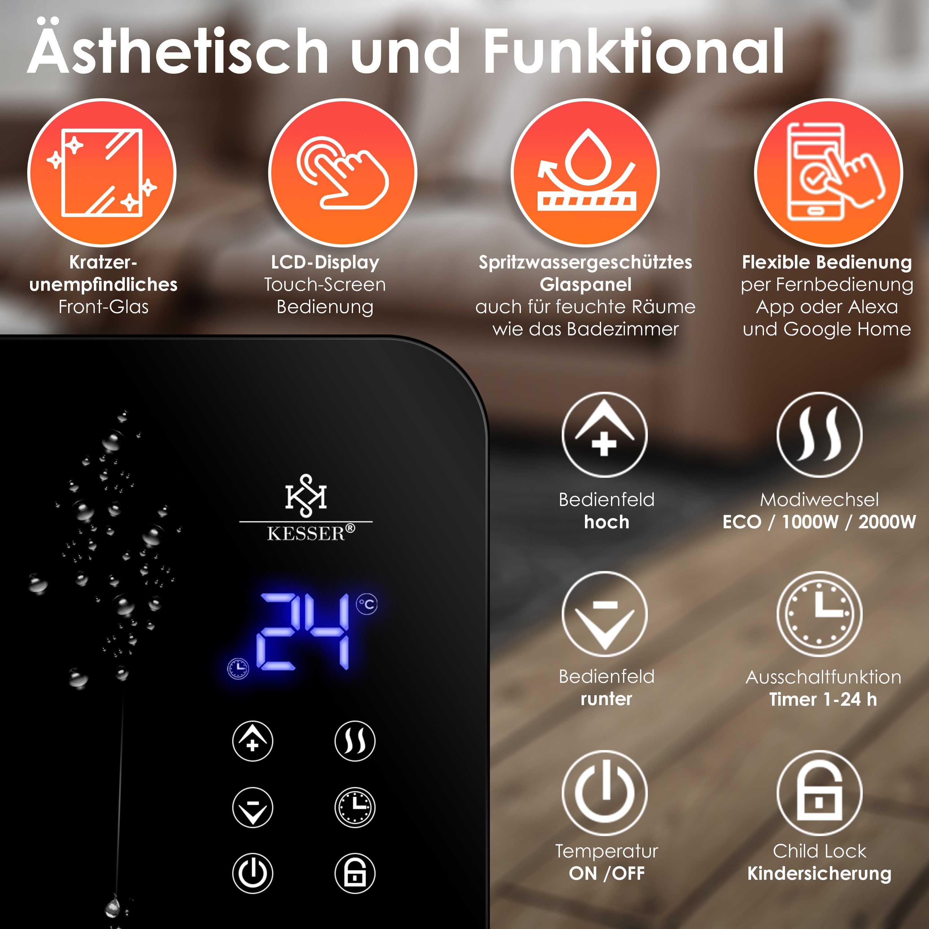 KESSER Heizgerät, 2000 W, Elektro Glasheizung Konvektor Elektroheizung Heizung
