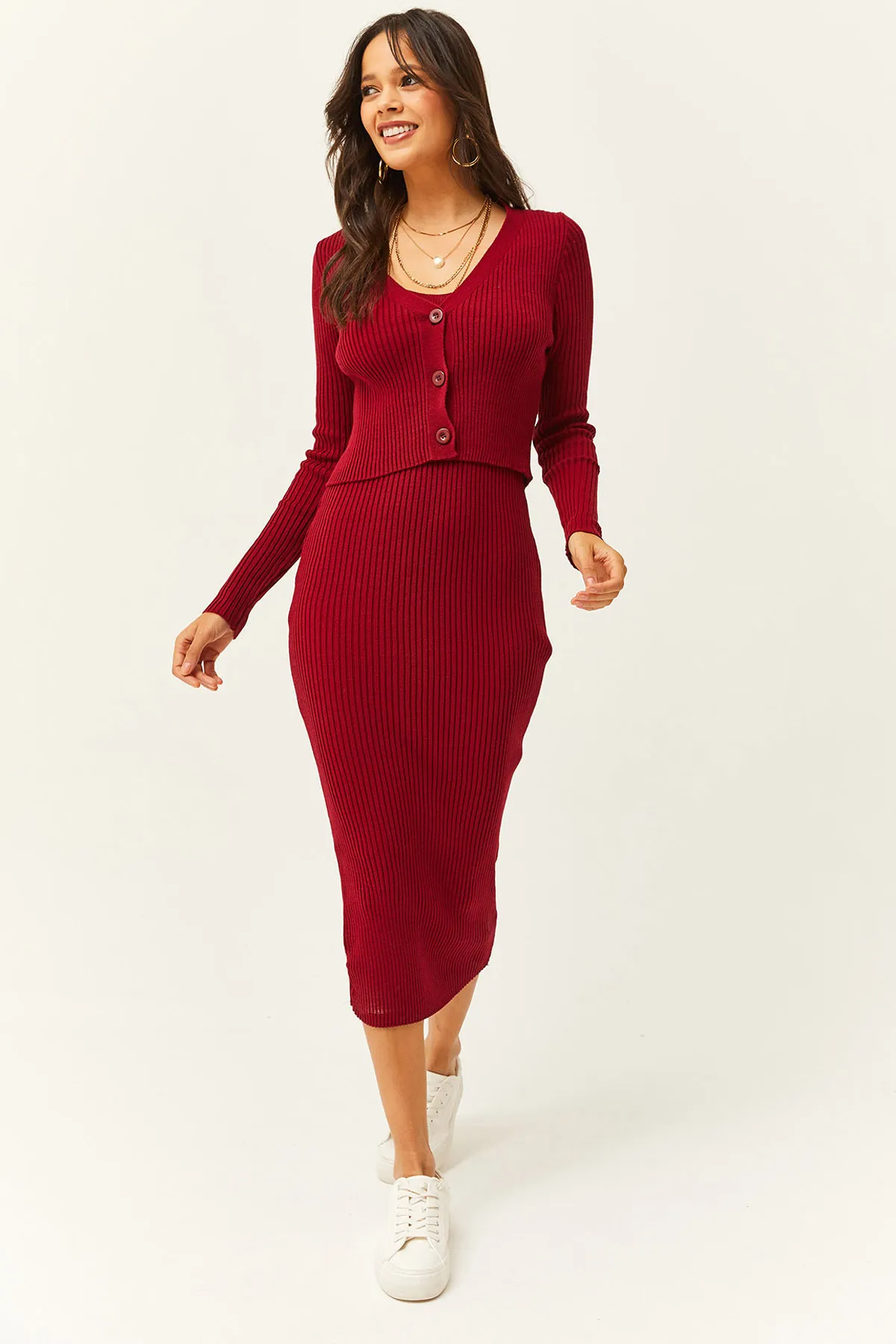 Olalook  Zweiteiliger Strickanzug für Damen in Burgunderrot, Strickjacke, TKM-19000223