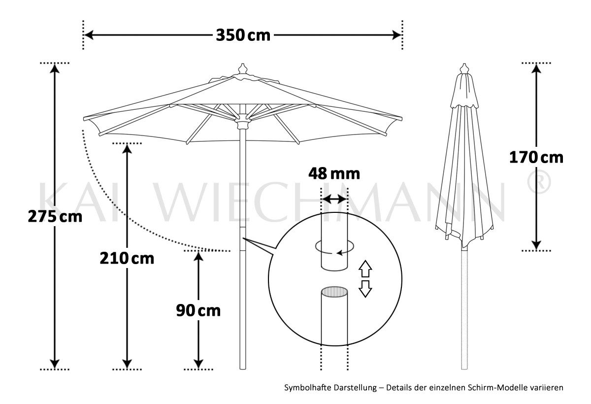 Kai Wiechmann Sonnenschirm Runder Balkonschirm 350 cm als hochwertiger Schattenspender, Gartenschirm aus Holz mit Windauslass & UPF 50+