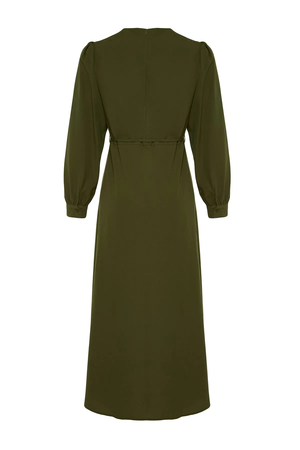 Trendyol Modest  Khakifarbenes, geschlitztes Kleid aus gewebter Baumwolle mit Gürtel vorn TCTSS23EB00360