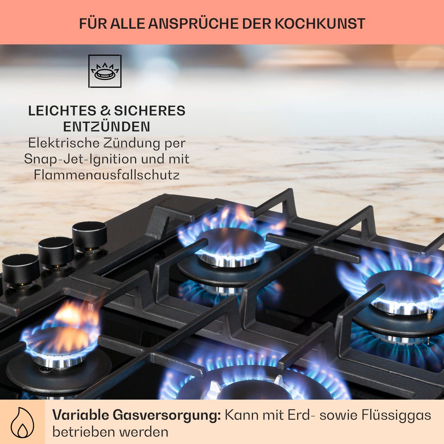 Klarstein Gas-Kochfeld Alchemist 4 Zonen Gaskochfeld Aluminium-Brenner Glaskeramik schwarz CP11-Alchemist-4, 4 flammen brenner Kochfelder Gaskochfelder