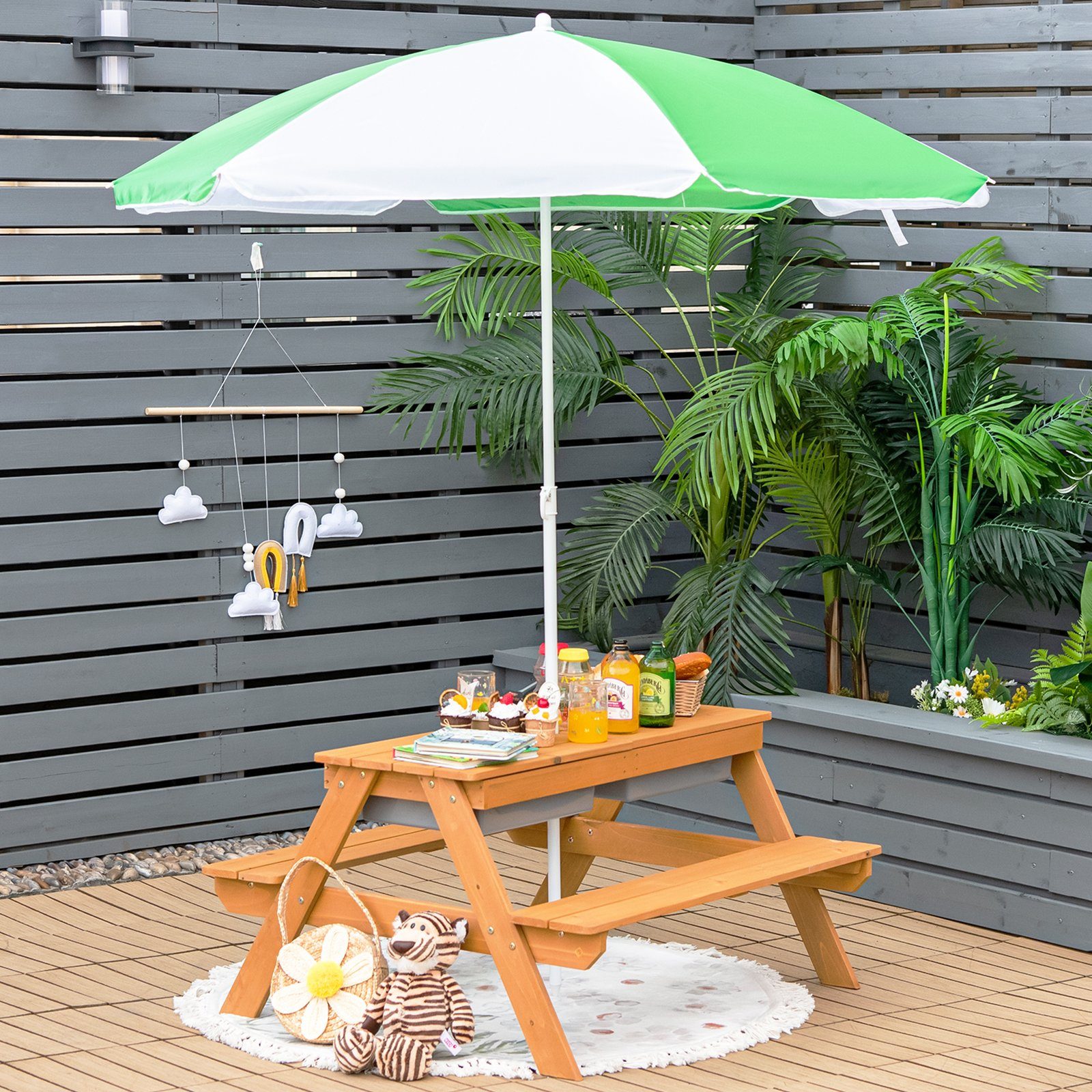COSTWAY Garten-Kindersitzgruppe, aus Holz, mit Sonnenschirm & Bänke