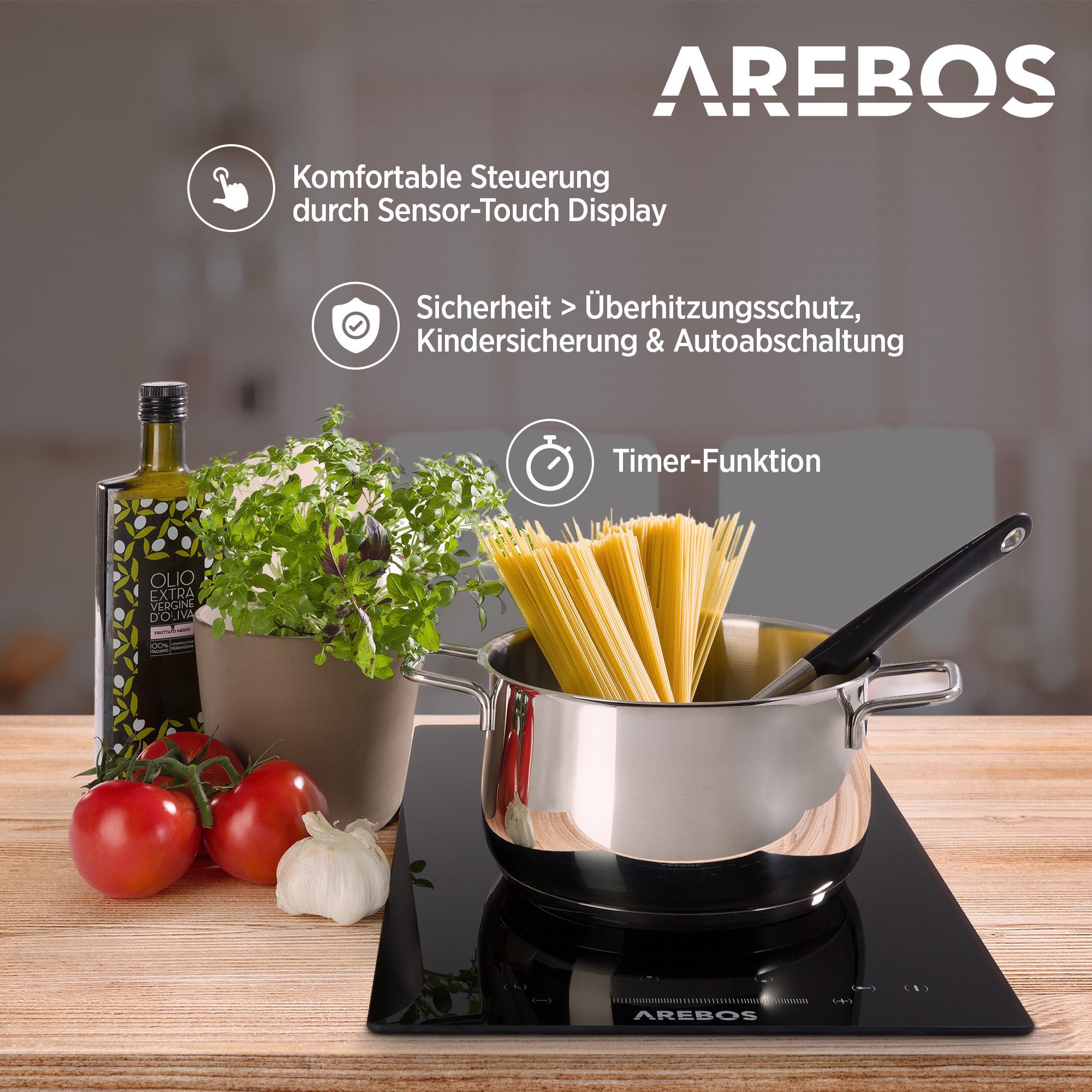 Arebos Elektro-Kochfeld Glaskeramik AR-HE-GK2N, Obere Kochzone: 1800 W, Untere Kochzone: 1200 W