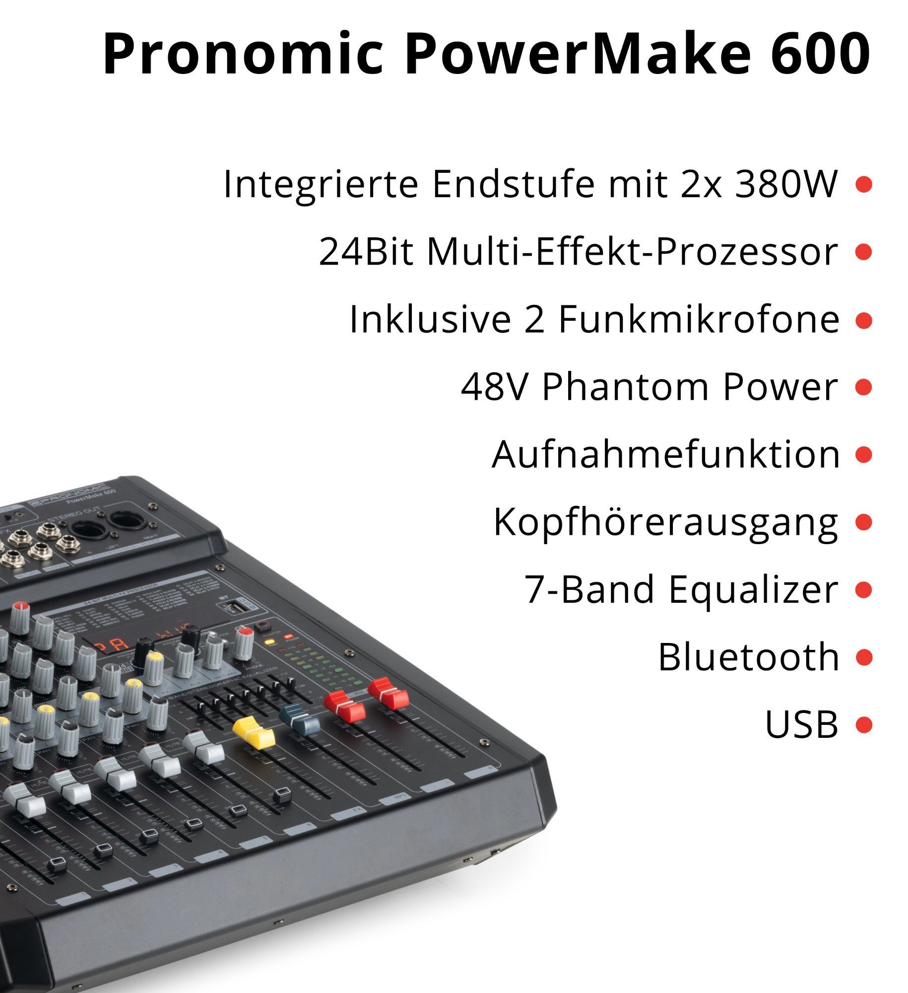 Pronomic Mischpult 6-Kanal-Powermischer 760 Watt RMS-Leistung, (inkl. 2 Funkmikrofone mit integriertem UHF-Empfänger), Bluetooth®/USB-Player/Recorder - Grafischer Equalizer