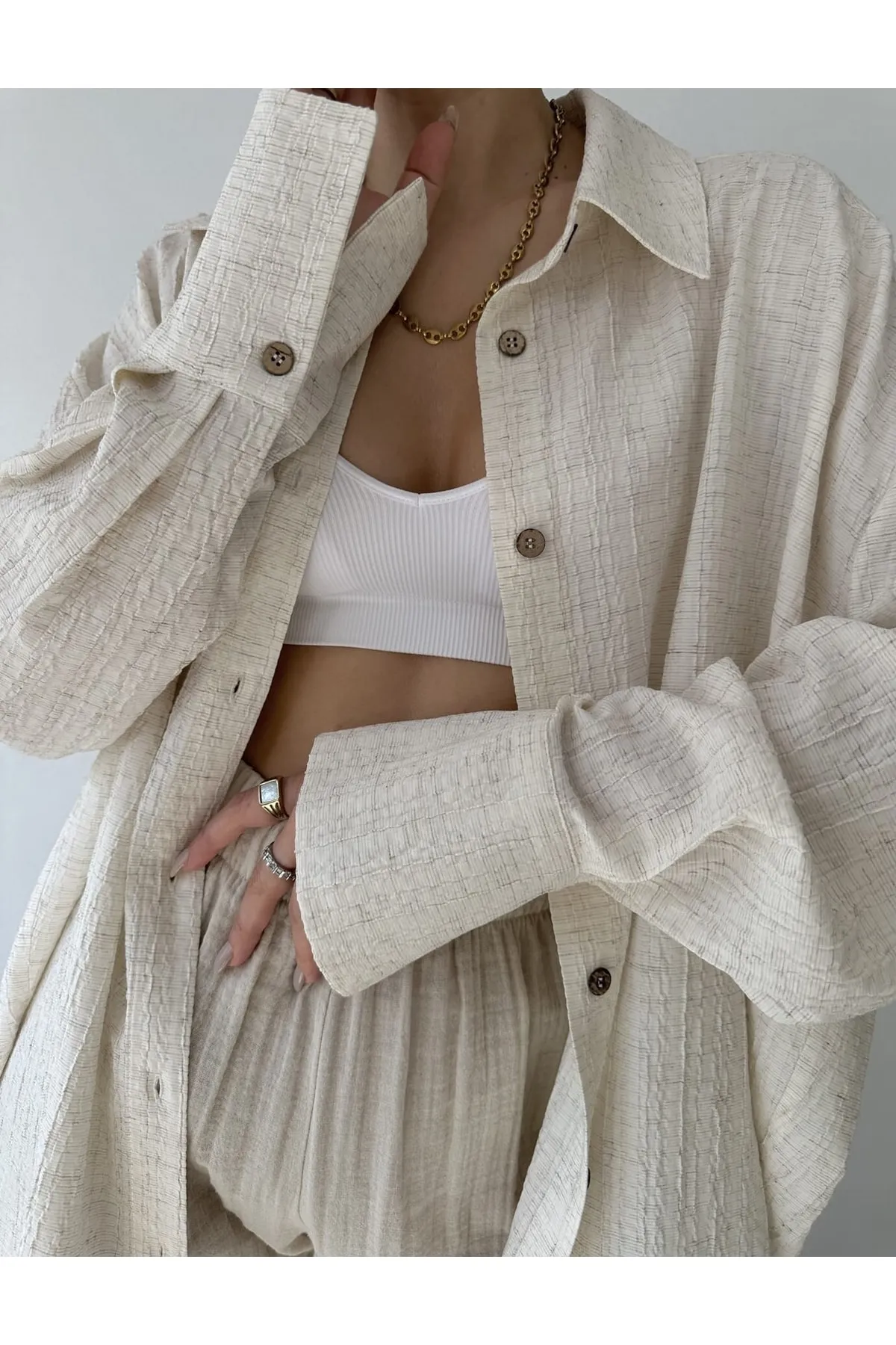 MAİ COLLECTİON  Beiges Durres-Leinen-Oversize-Hemd
