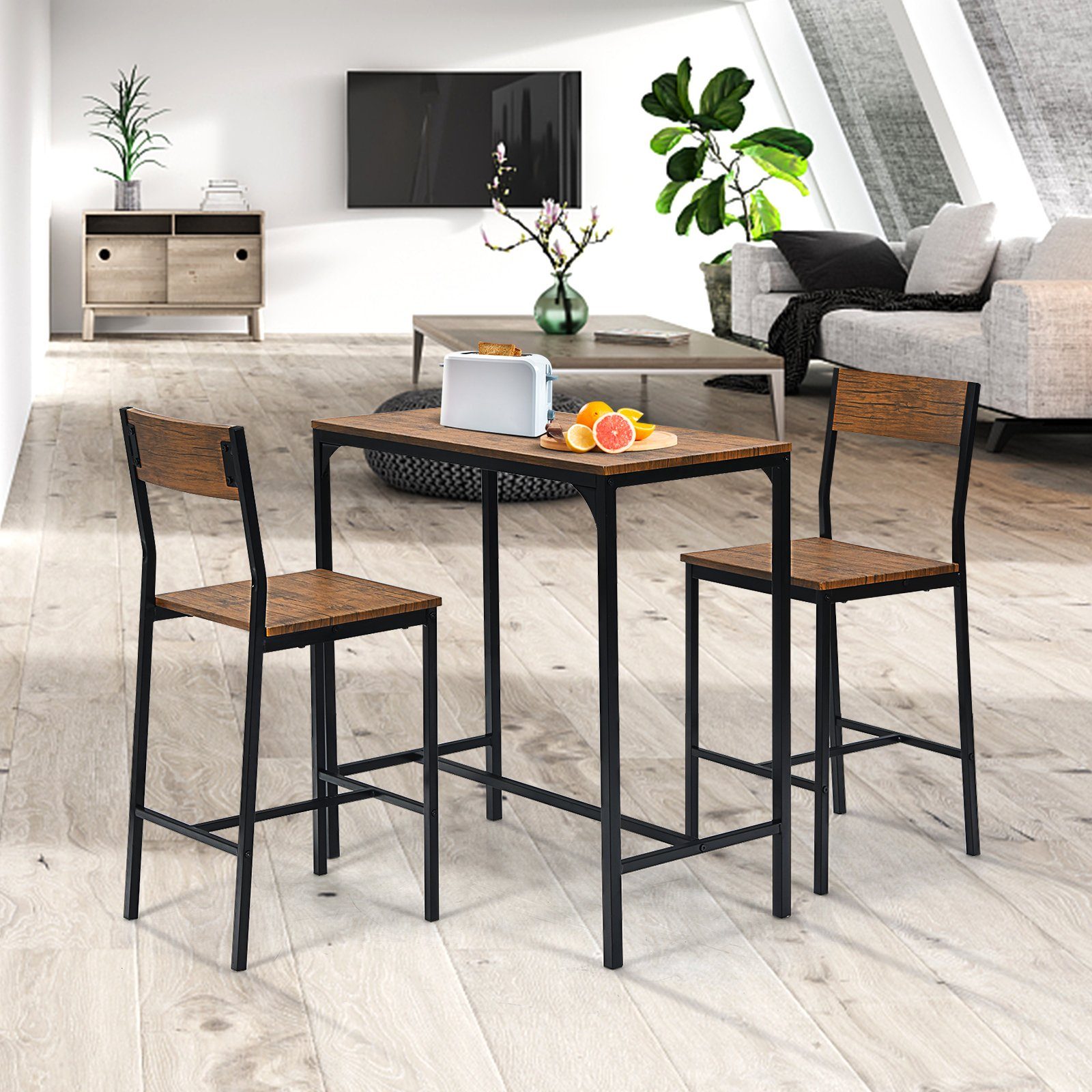 COSTWAY Bartisch, Set Esstisch (90x45x88,5cm) mit 2 Stühlen, 3 tlg., Metall