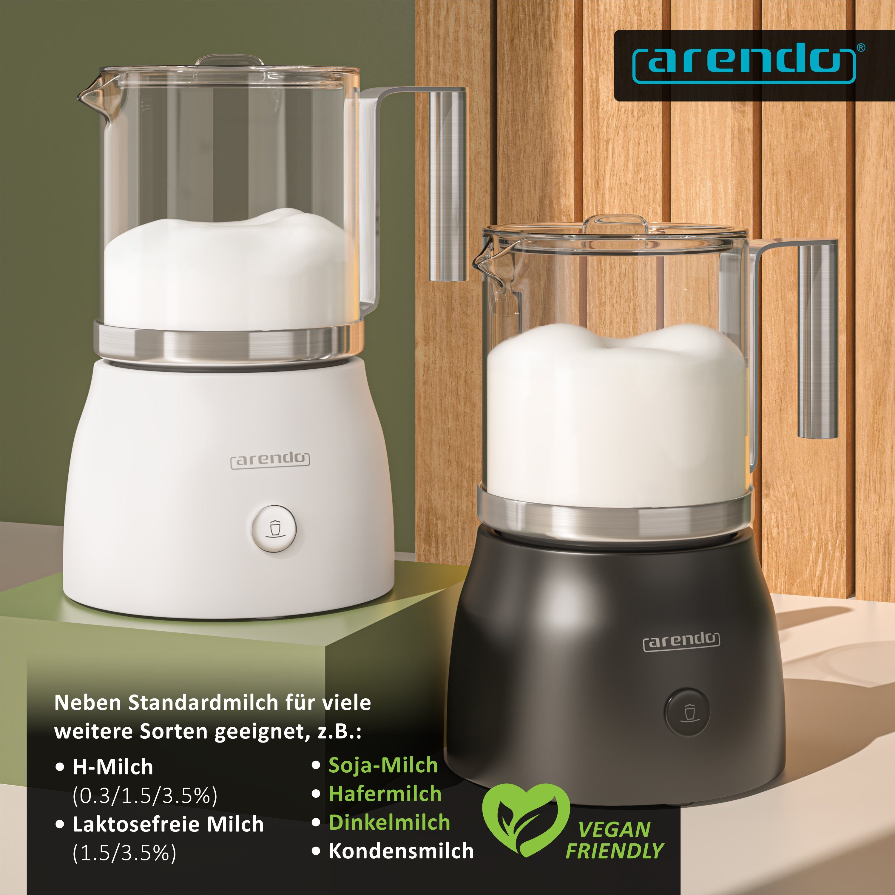 Arendo Milchaufschäumer, 600 W, inkl. abnehmbaren Glasaufsatz, 6 Funktionen, leise & Stromsparend