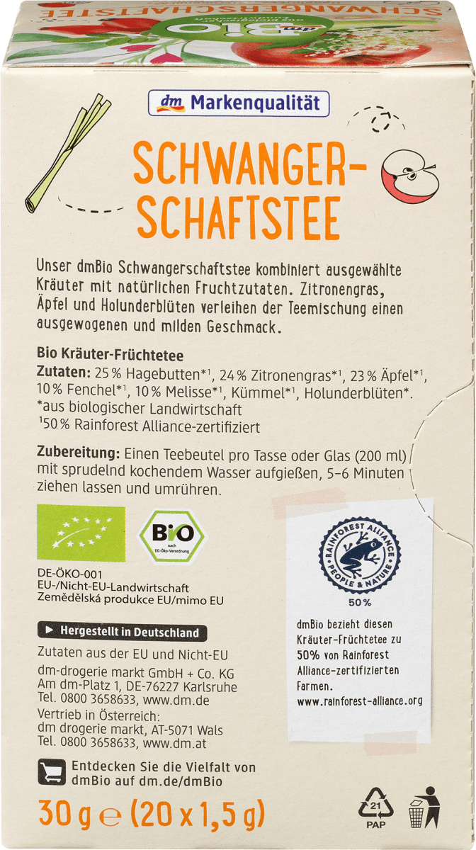 Schwangerschaftstee Hagebutte, Zitronengras, Äpfel, Fenchel & Melisse (20 Beutel), 30 g