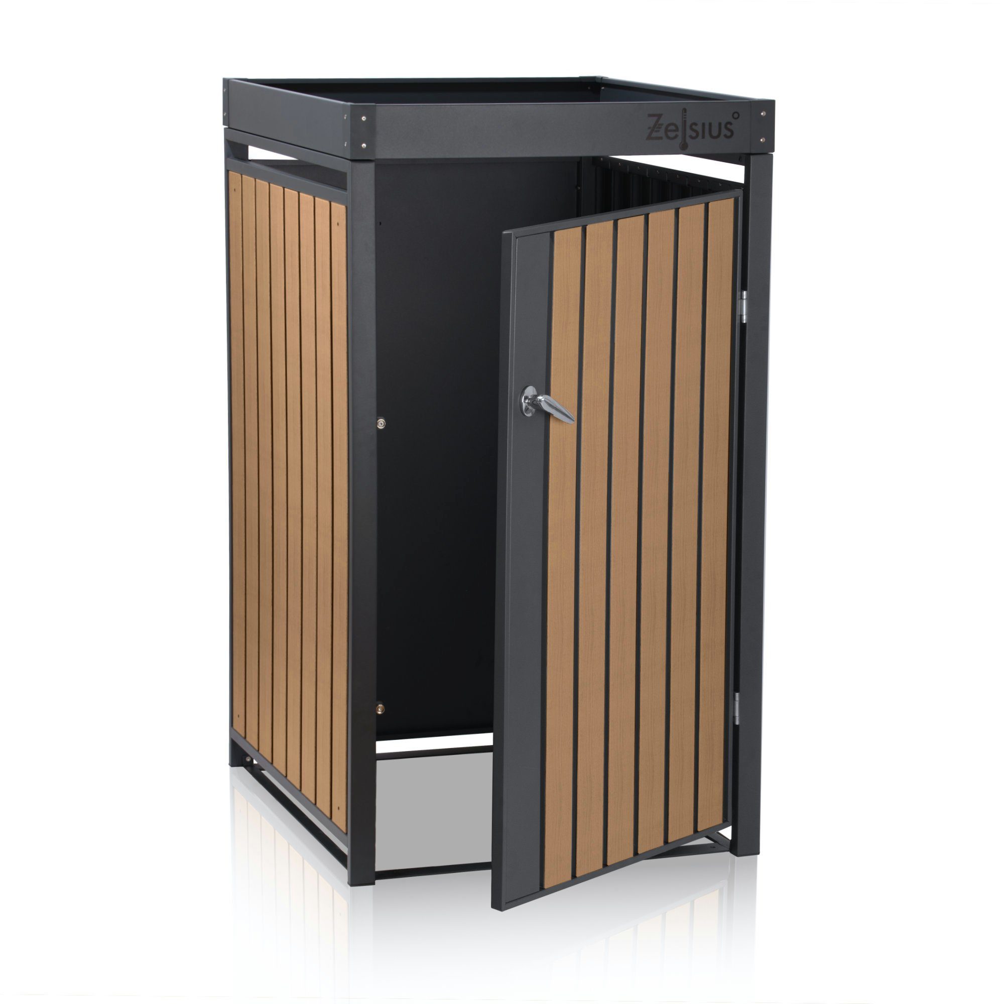 Zelsius Mülltonnenbox mit Pflanzdach für 3 Tonnen, 120 - 240 Liter, RAL 7016, Tür Holzoptik