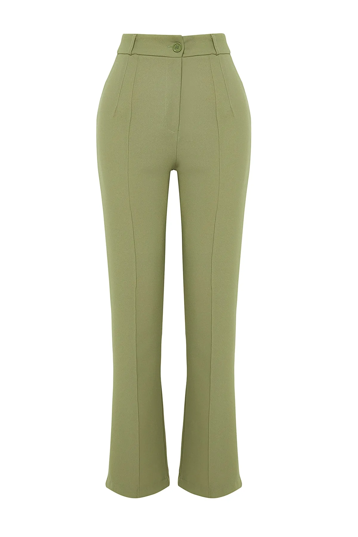 Trendyol Collection  Grüne, gerade geschnittene, gerippte, genähte Webhose mit hoher Taille TWOSS21PL0093