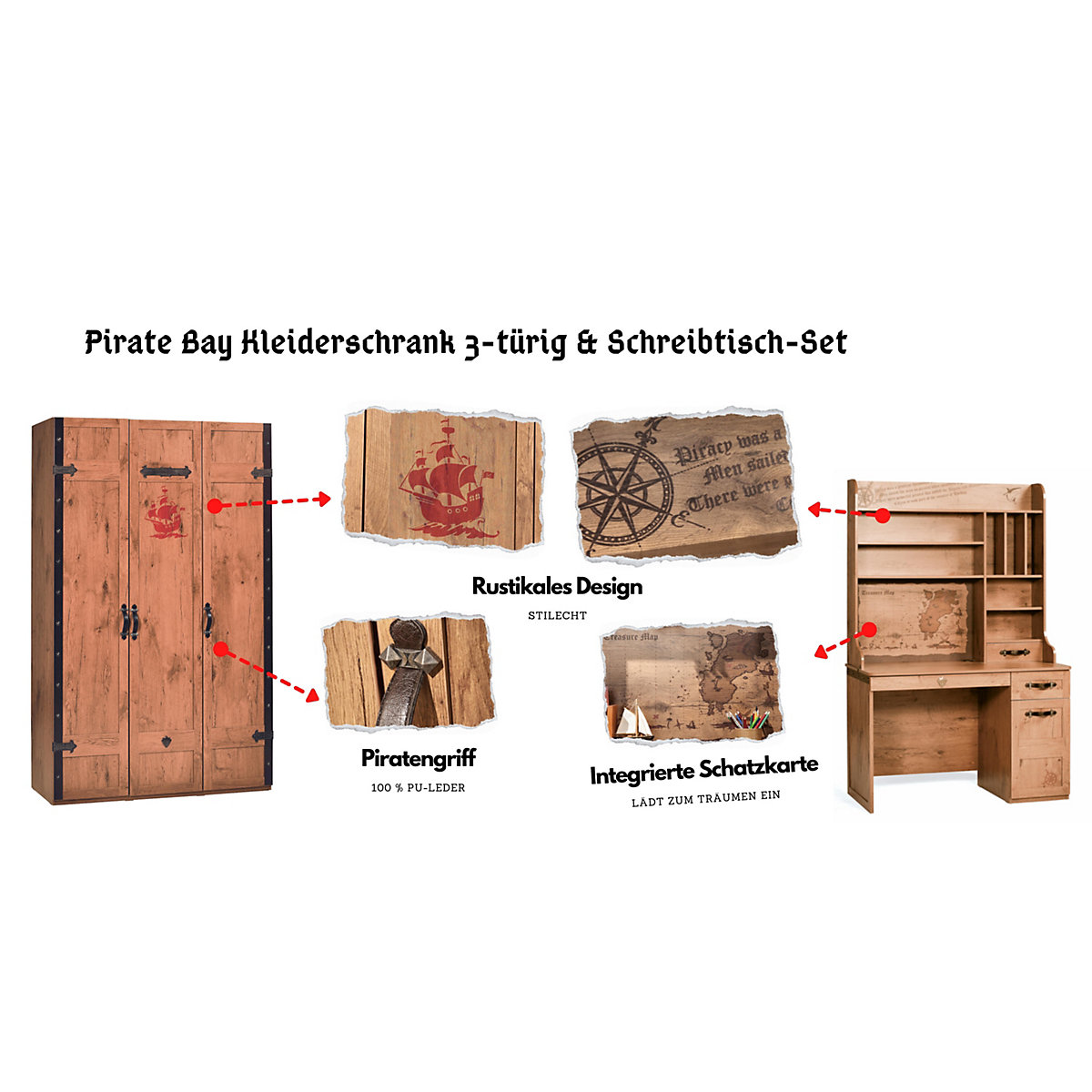 Kinderzimmer 3-teilig mit Piratenbett in Schiffsform inkl. Ausziehbett