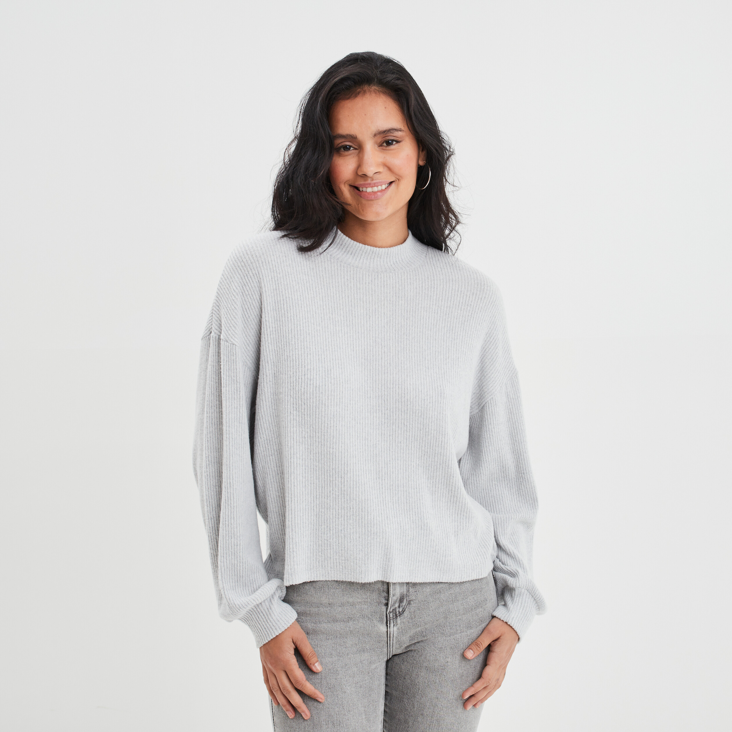 T-shirt manches bouffantes côtelé gris clair femme | La Halle