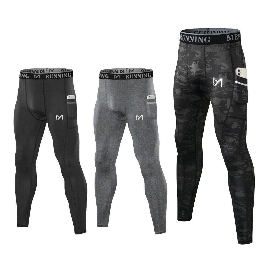 MEETYOO Trainingstights Herren lang Kompressions Laufhose (Sommer Funktions Laufhose Leggings, Training Jogginghose, Sport Fitness Tight) Mit Tasche