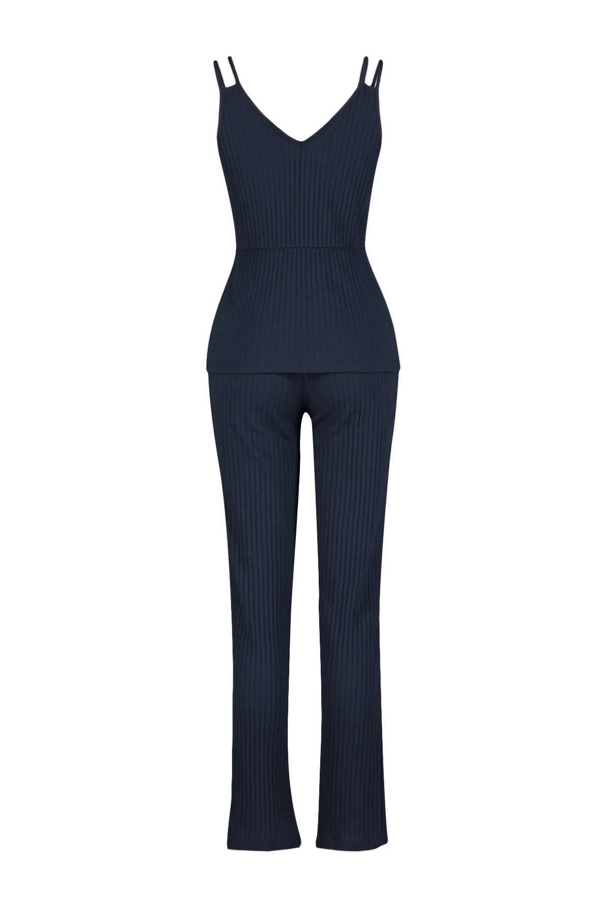 Trendyol Collection  Marineblaues Pyjama-Set aus geripptem Strick und Baumwollkordelzug THMSS21PT0125