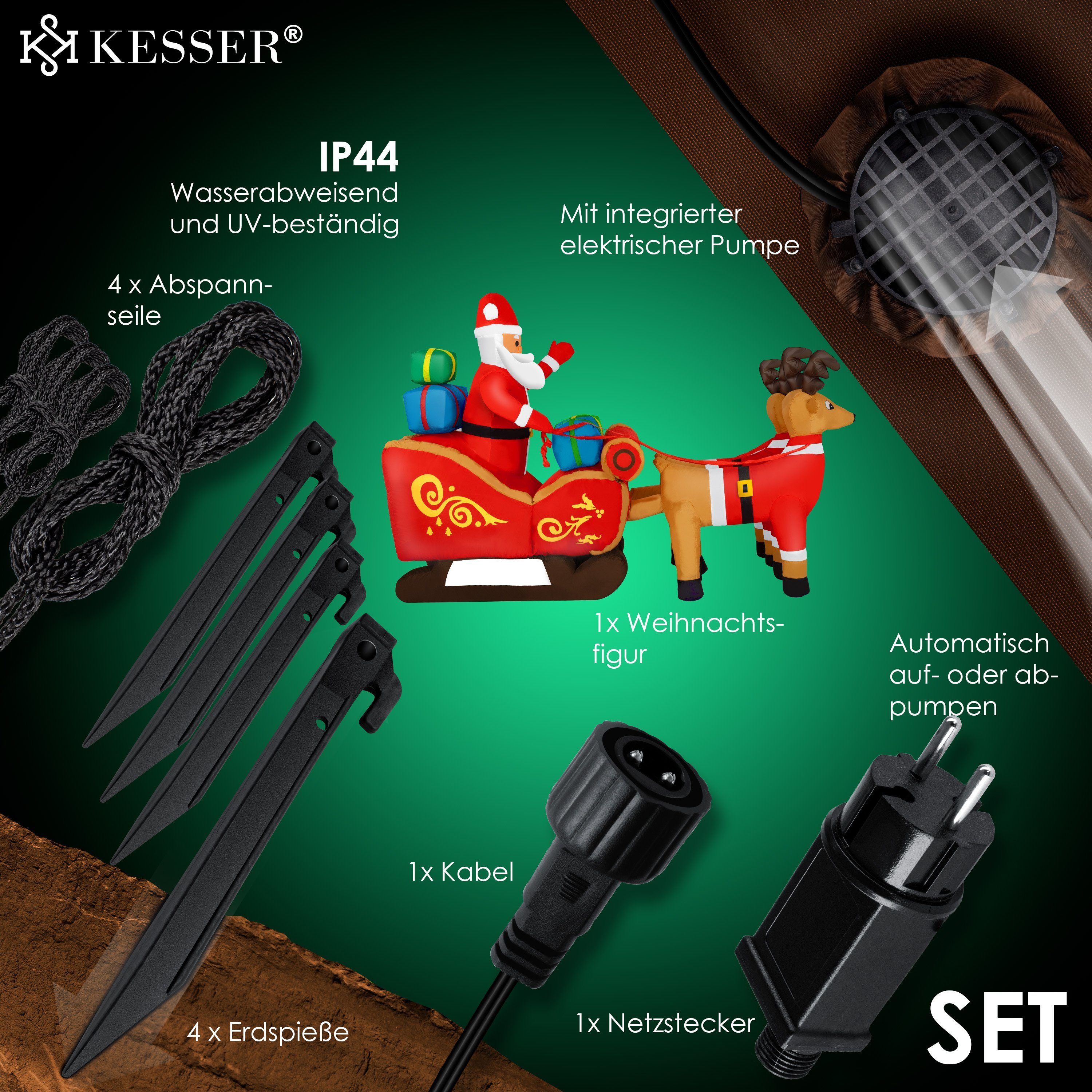 KESSER Weihnachtsfigur, Aufblasbarer Weihnachtsmann Schlitten XXL Nikolaus Rentier