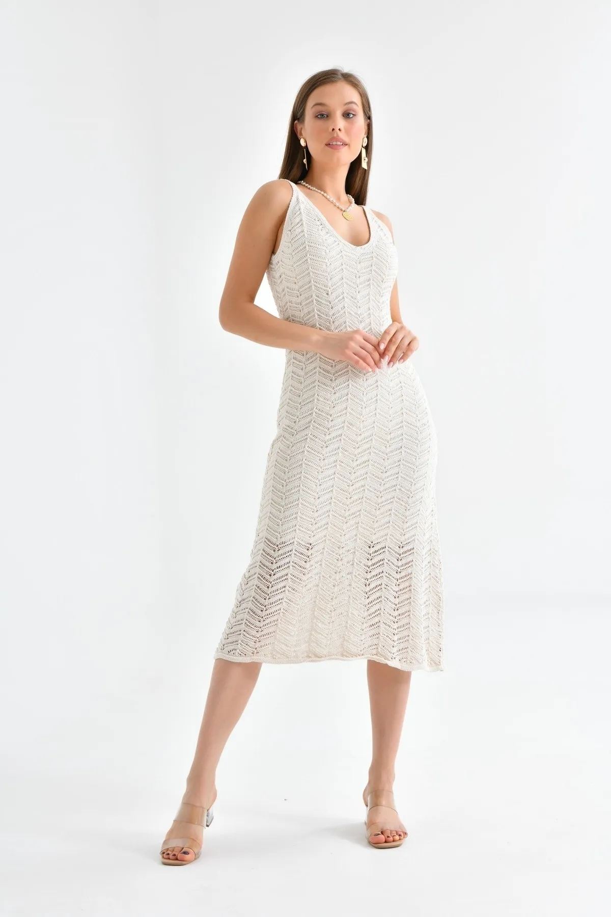 VOLT CLOTHİNG  Damen Sommerkleid mit Riemchenmuster und durchbrochener Strickfütterung
