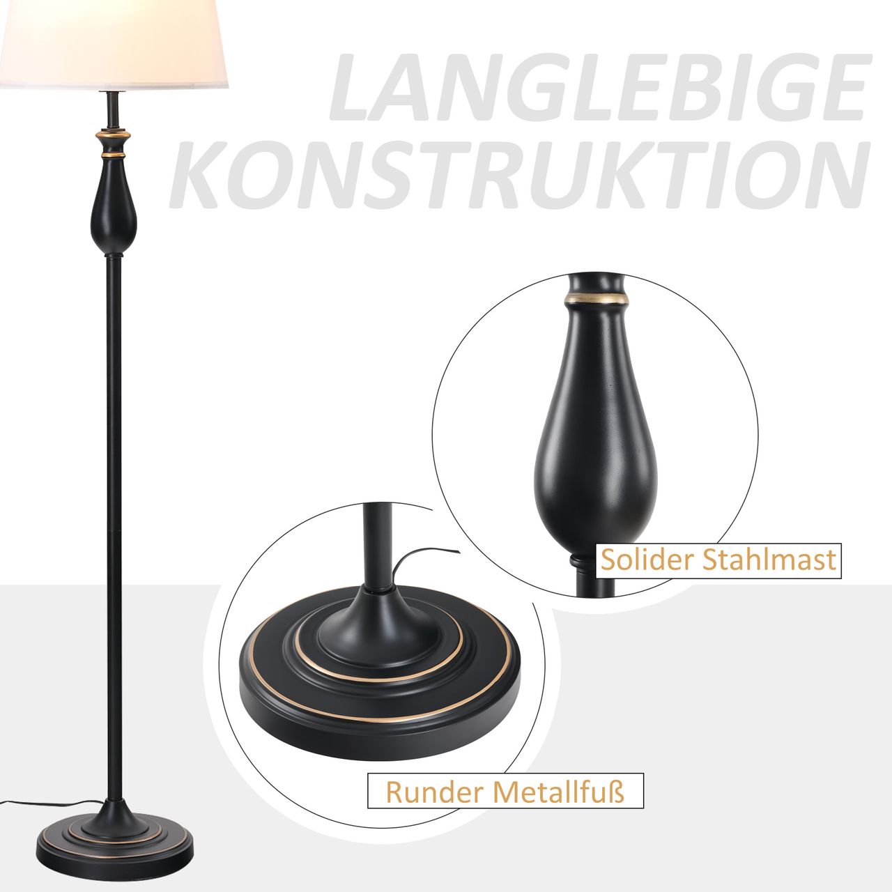 HOMCOM 3er-Lampenset 2 Tischlampe(ø30 x 62H cm)   1 Stehlampe(ø38 x 158H cm) Vintage, Schwarz Weiß, Metall, PS, Polyester, Baumwolle E27 Lampensockel