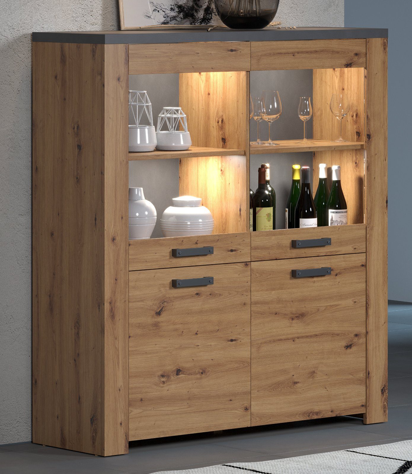 trendteam Highboard Follow (Schrank in Eiche Artisan mit grau, 127 x 139 cm), mit 8 Fächern