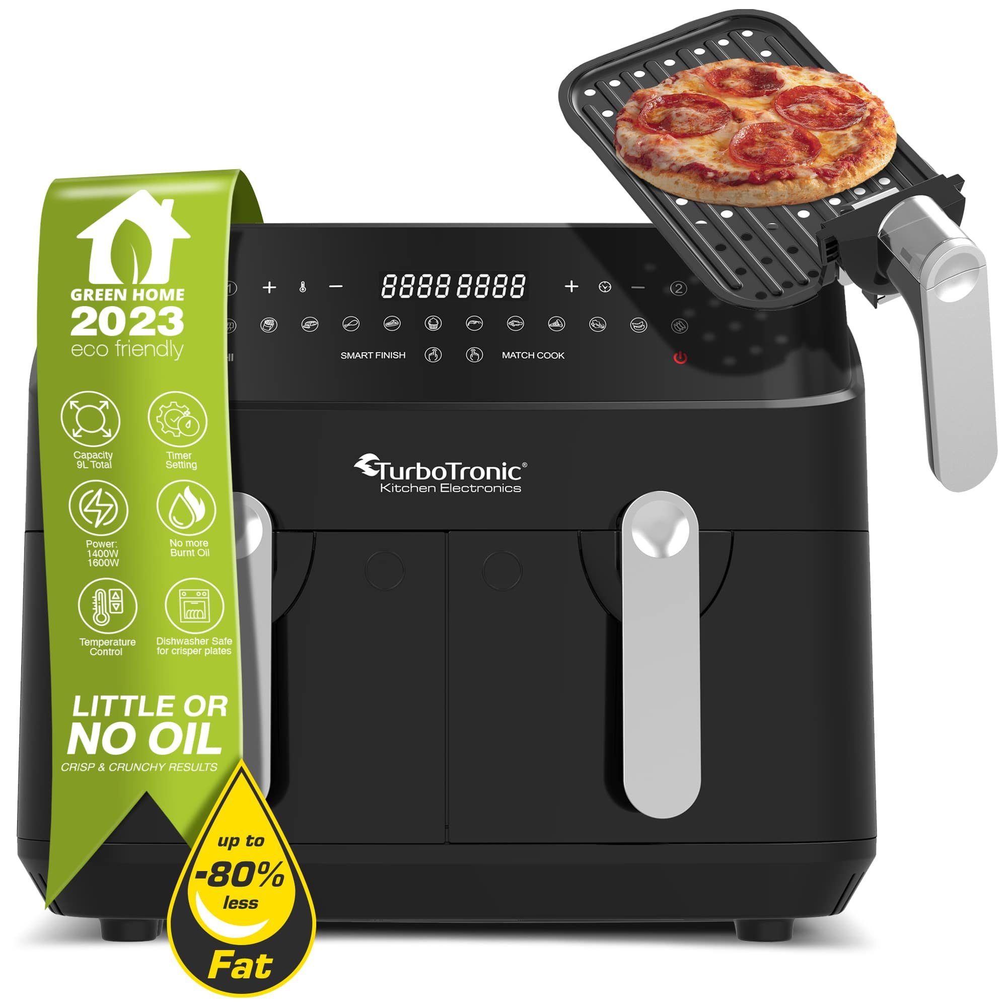 TurboTronic by Z-Line Heißluftfritteuse XXL Doppelkammer 2x 4,5 Liter, 50°C - 200°C, Power, dual, Camping, 3200 W, 12 Programme Fritteuse ohne Fett, digitaler doppel Airfryer Fettfrei