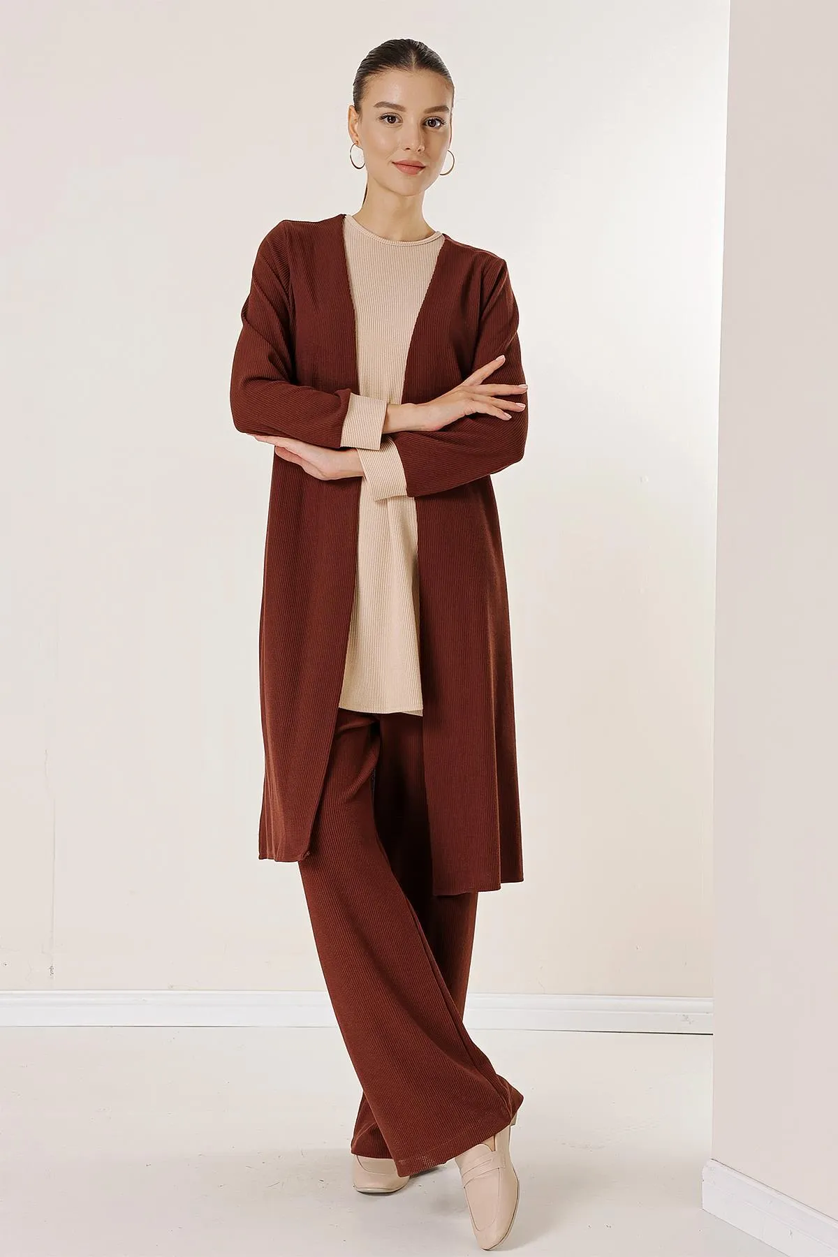 By Saygı  Ärmellose Tunika, elastische Taille, Hose, lange Strickjacke, gestrickt, 3-teiliges Set