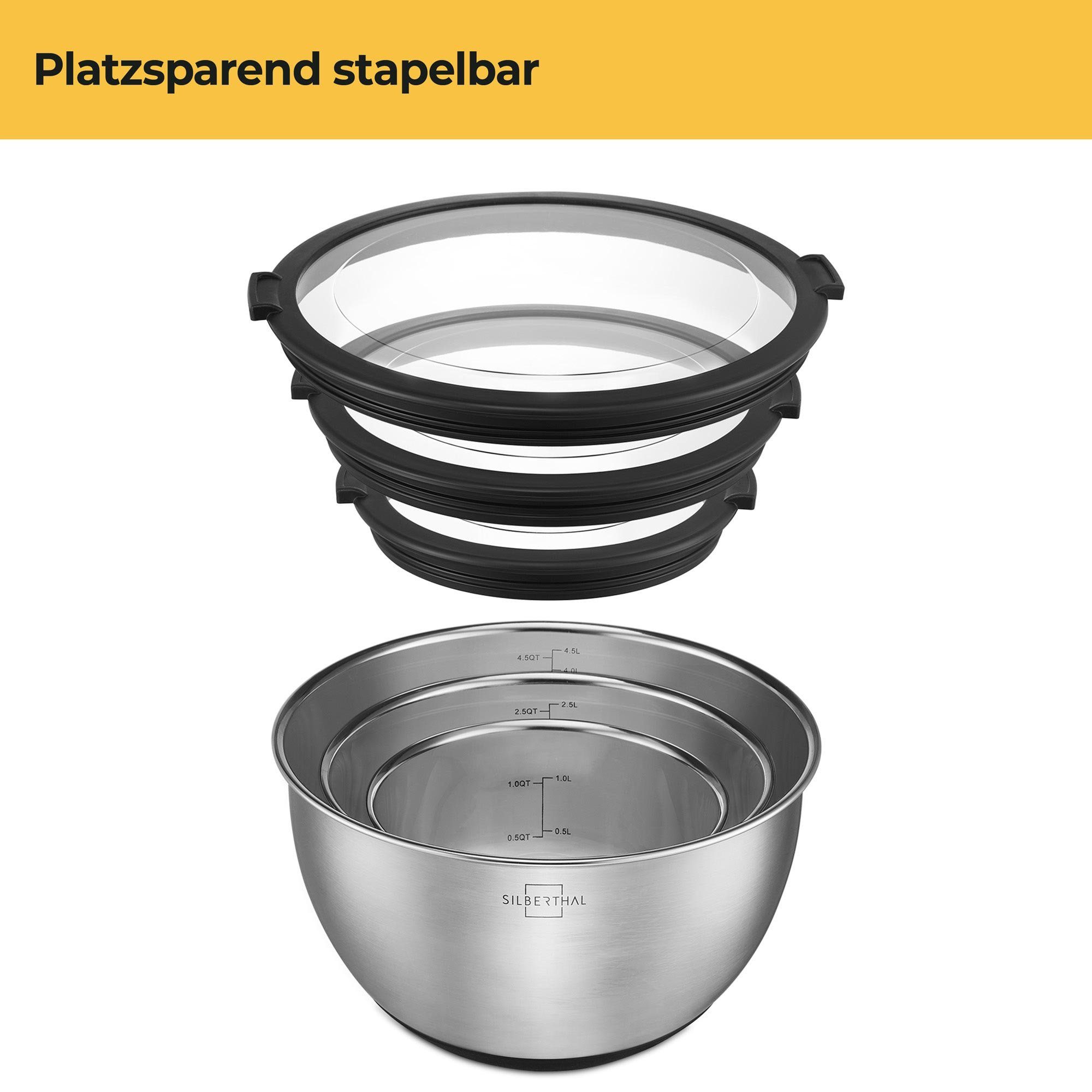 SILBERTHAL Salatschüssel Schüssel-Set mit Deckel, Edelstahl, (3-tlg), Rutschfest dank Silikonboden, mit integrierter Skala