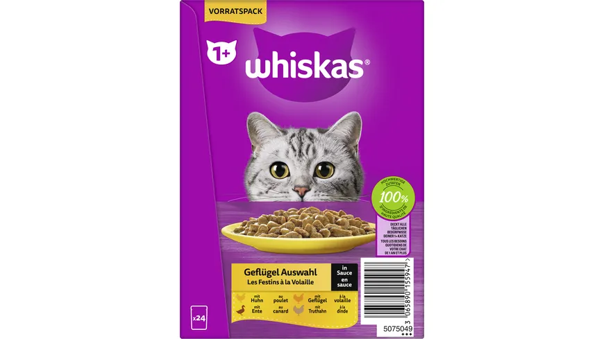 Whiskas® Portionsbeutel Vorratspack 1+ Geflügel Auswahl in Sauce Katzennassfutter 2040 g
