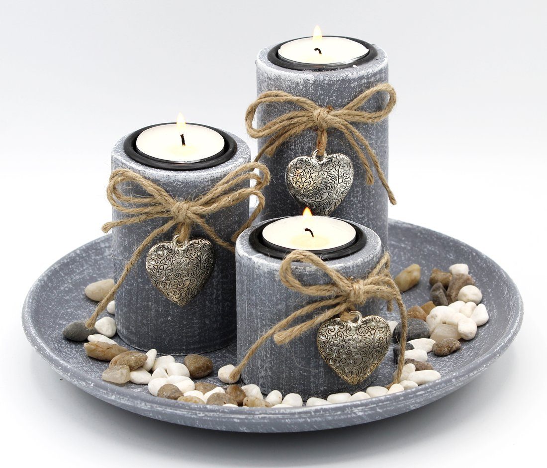 LB H&F Lilienburg Teelichthalter Teelichthalter Kerzenhalter Kerzenständer Windlicht SET Geschenkset (Advent Weihnachten Weihnachtsdeko GRAU RUND, Design Tischdeko Tischdekoration silber Herz Winter Herbst), Dekoteller Dekotablett Kerzentablett Landh