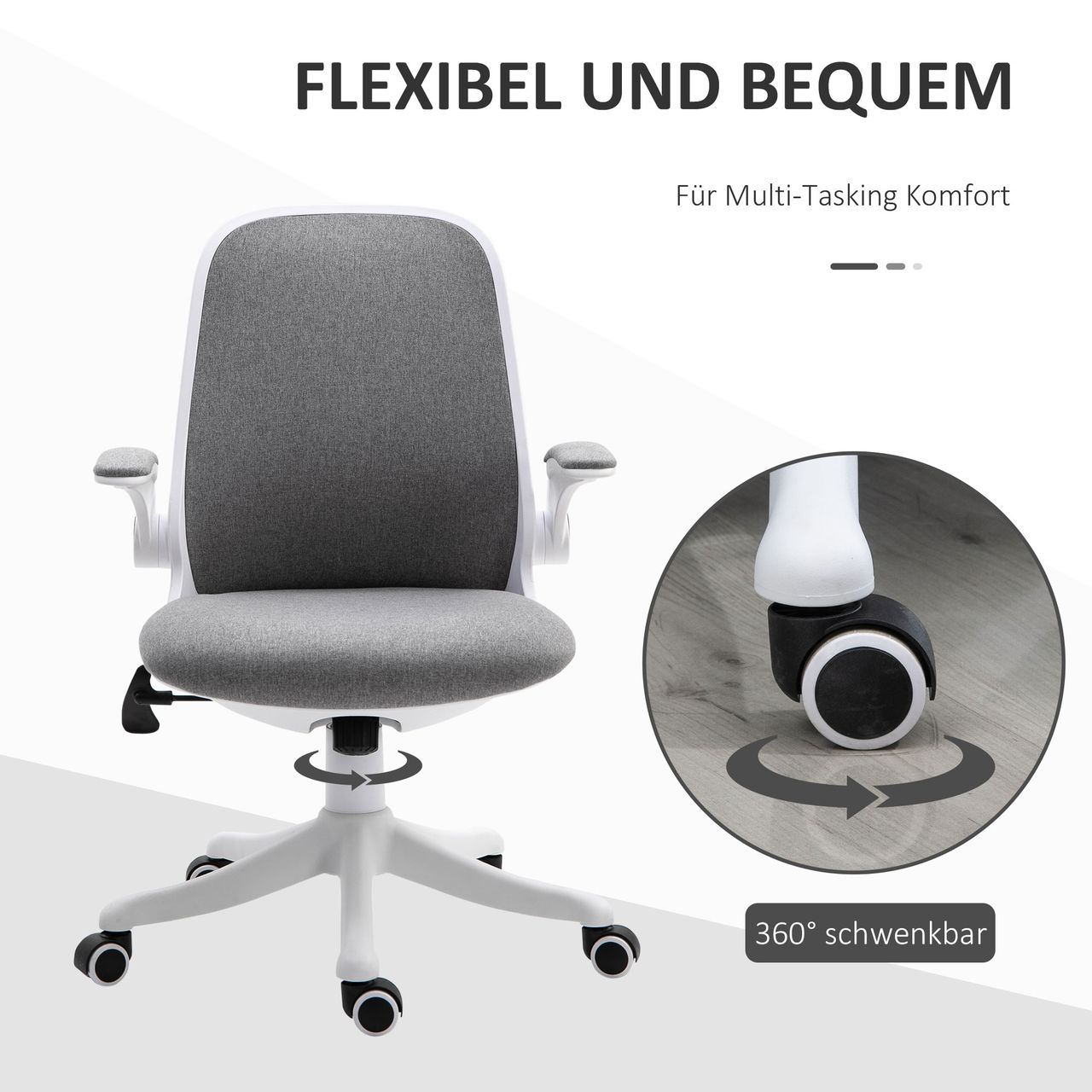 HOMCOM Bürostuhl Schreibtischstuhl Drehstuhl mit Wippfunktion Armlehne verstellbar höhenverstellbar ergonomisch Leinenimitat Nylon Grau Weiß 62,5 x 60 x 90-98 cm