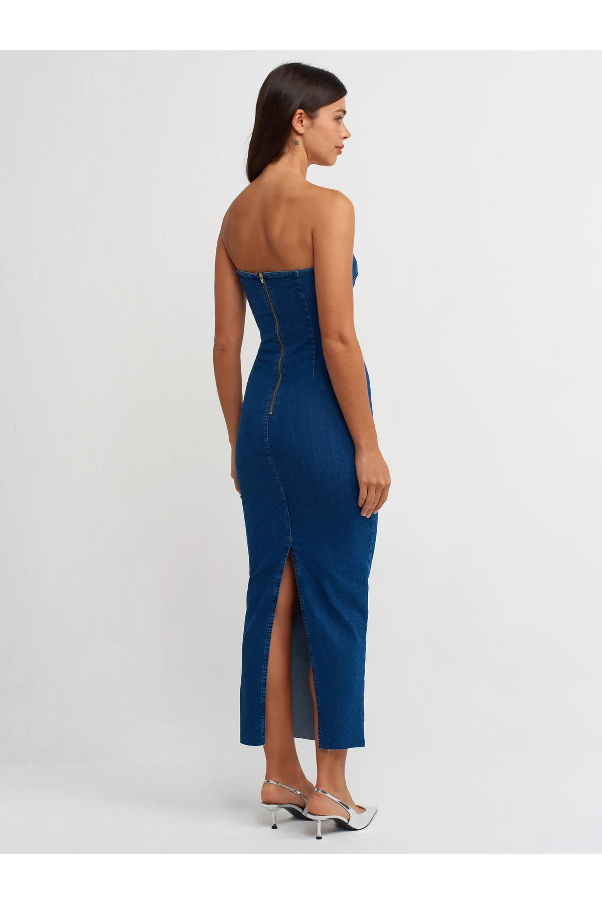 Dilvin  90523 Nahtloser Rock, trägerloses Jeanskleid – Marineblau