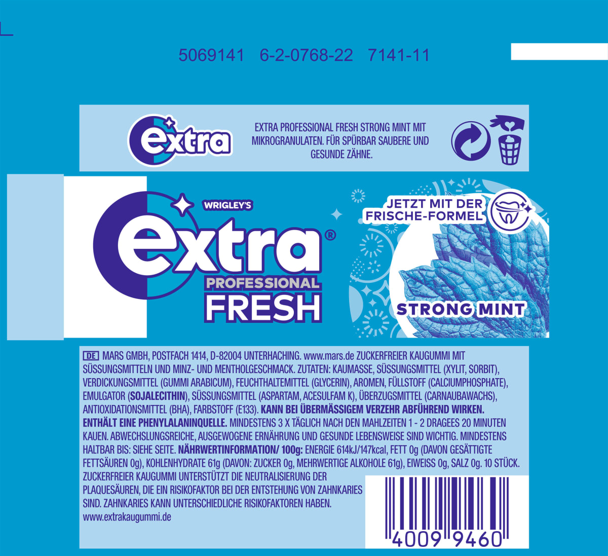 Kaugummi Extra Professional Fresh, Strong Mint, zuckerfrei, 10 St