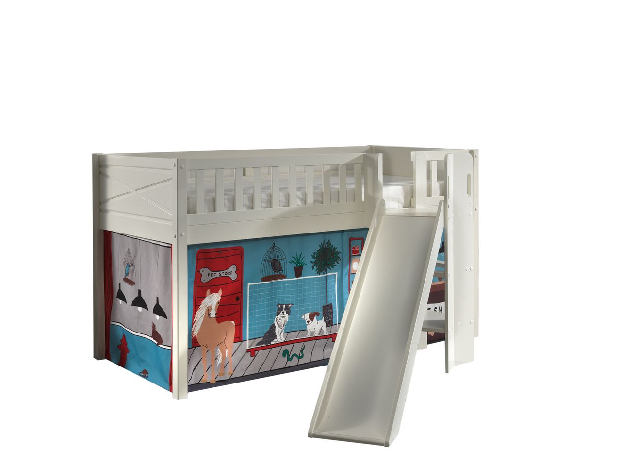 VIPACK Spielbett SCOTT, LF 90 x 200 cm, mit Rolllattenrost, Rutsche, Leiter und Textilset 