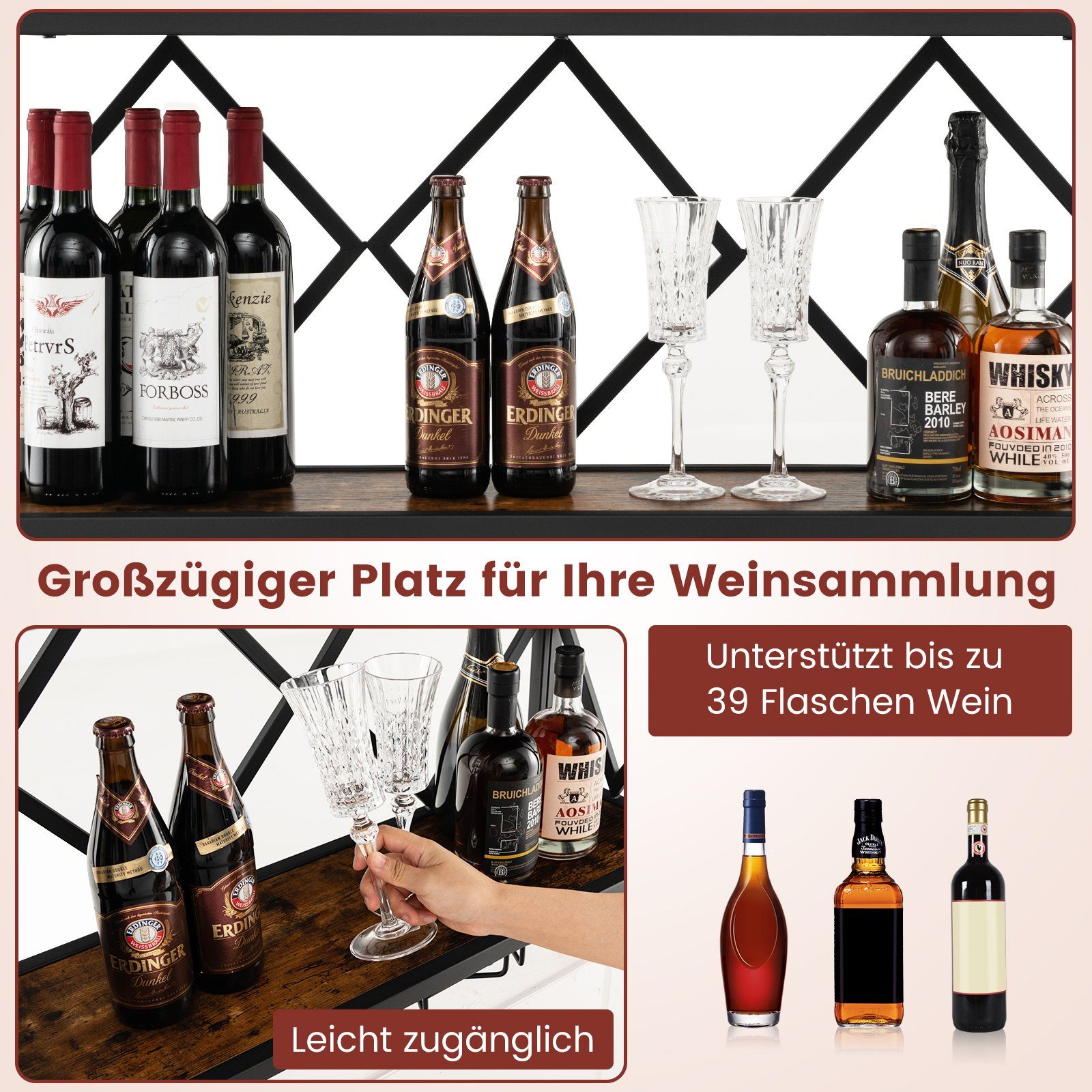 COSTWAY Weinregal, Wand, 2 Ebenen, Metall, 39 Flaschen&12 Gläser, 100x25x45cm
