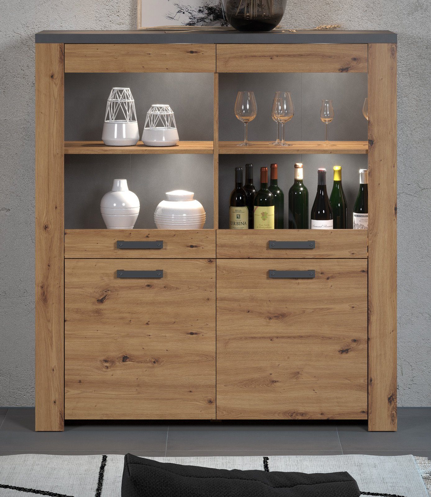 trendteam Highboard Follow (Schrank in Eiche Artisan mit grau, 127 x 139 cm), mit 8 Fächern
