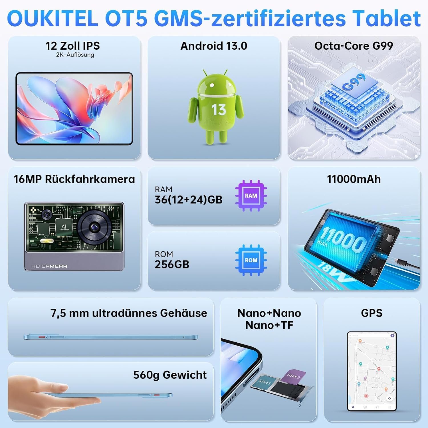 OUKITEL OT5 2K Display Helio G99 36GB RAM Gaming Tablet (12