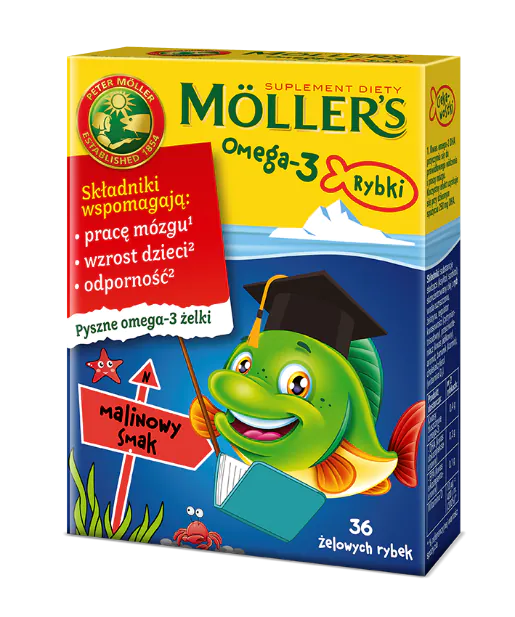„Mollers Omega-3 Fish“ drebučiai su omega-3 rūgštimis ir vitaminu D3 vaikams, aviečių skonio