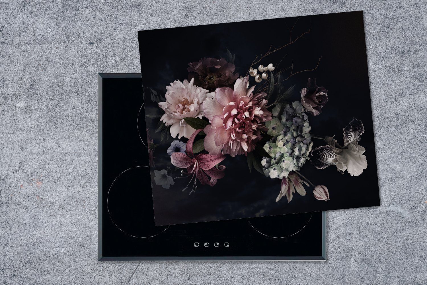 MuchoWow Herdblende-/Abdeckplatte Blumen - Vintage - Pastell - Rosa - Weiß, Vinyl, (1 tlg), 60x52 cm, Mobile Arbeitsfläche nutzbar, Ceranfeldabdeckung
