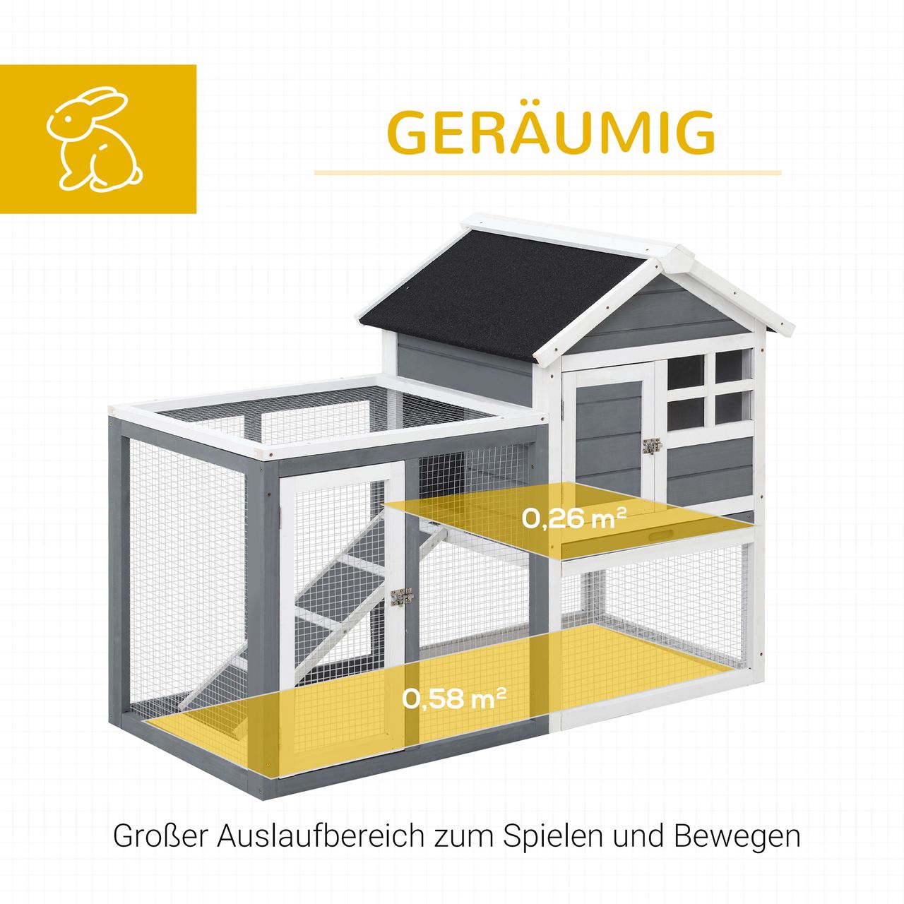 PawHut Kaninchenstall Tannenholz Outdoor Indoor Kleintierstall Kleintierhaus Kleintierkäfig Herausnehmbare Bodenwanne und Rampe Grau Schwarz Weiß 122 x 62,6 x 92 cm