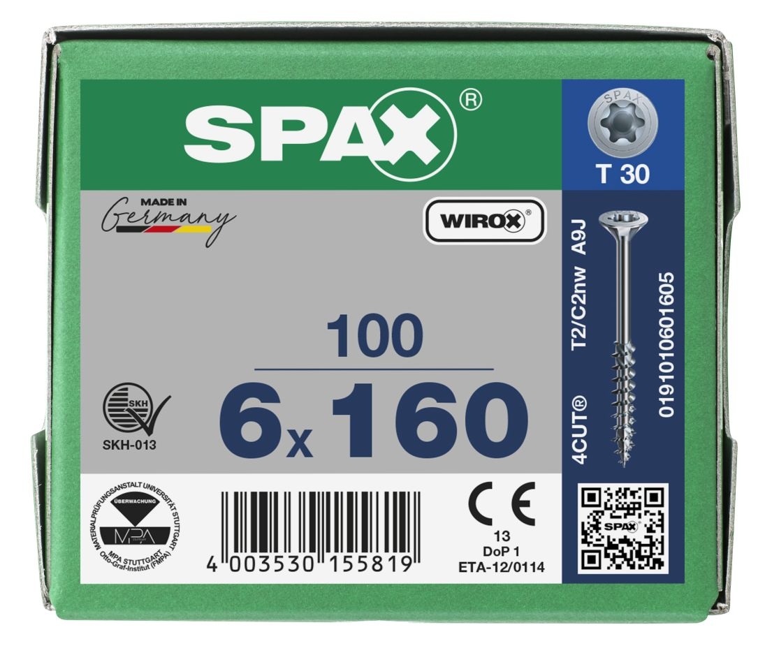 SPAX 0191010601605 Universalschraube 6 x 160 mm, Teilgewinde, Senkkopf, T-STAR plus T30 – 100 Stück
